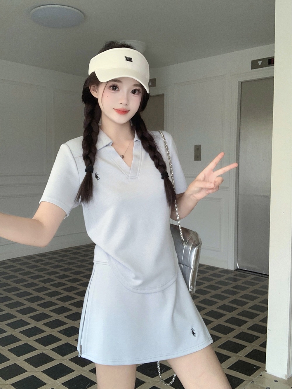 B127(3309) 韩版时尚运动风POLO翻领LOGO上衣与短裙4色套装