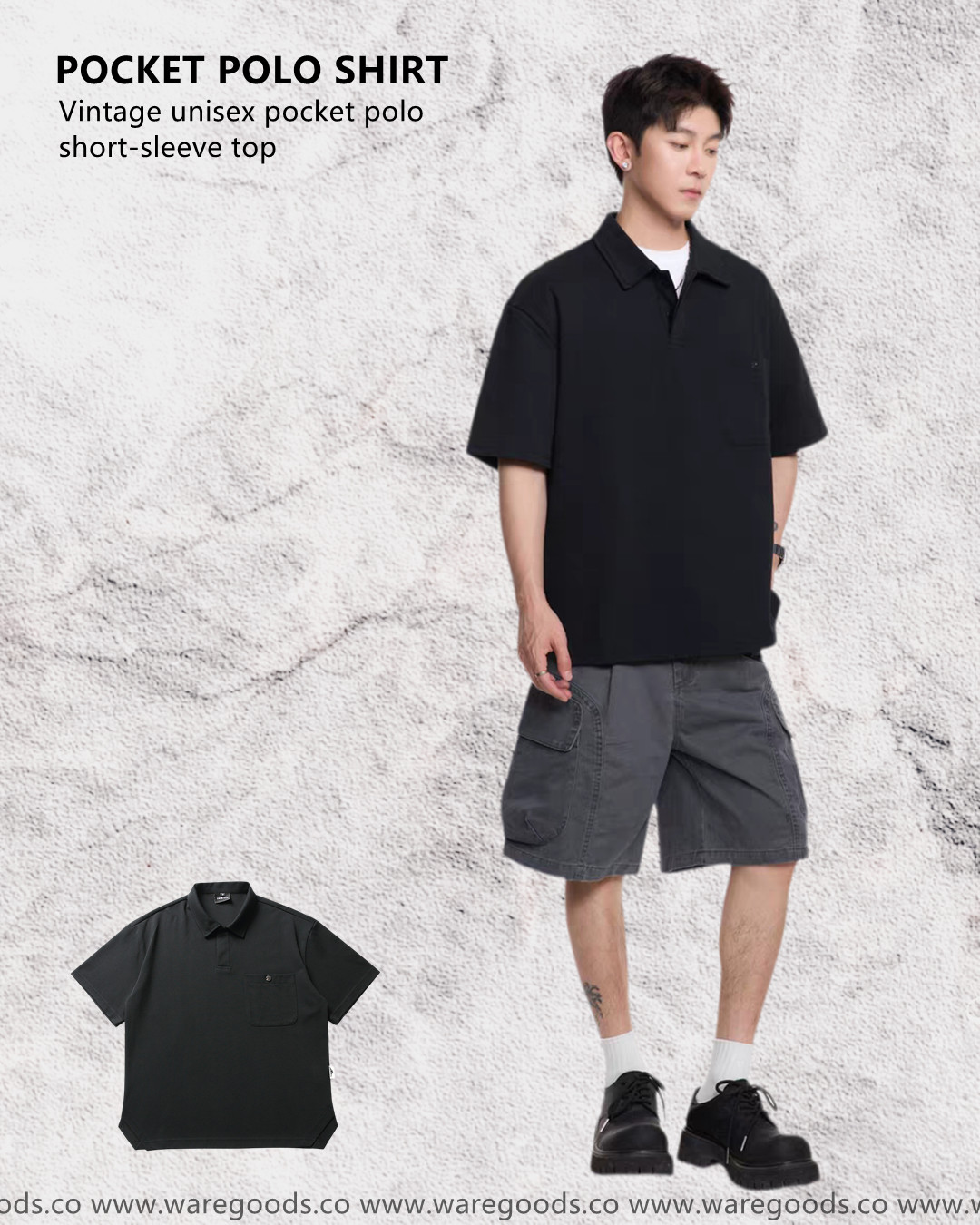 W07中性百搭口袋polo短袖上衣
