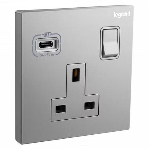 Legrand Galion 深沙銀 13A單蘇有掣連Type C USB 插座