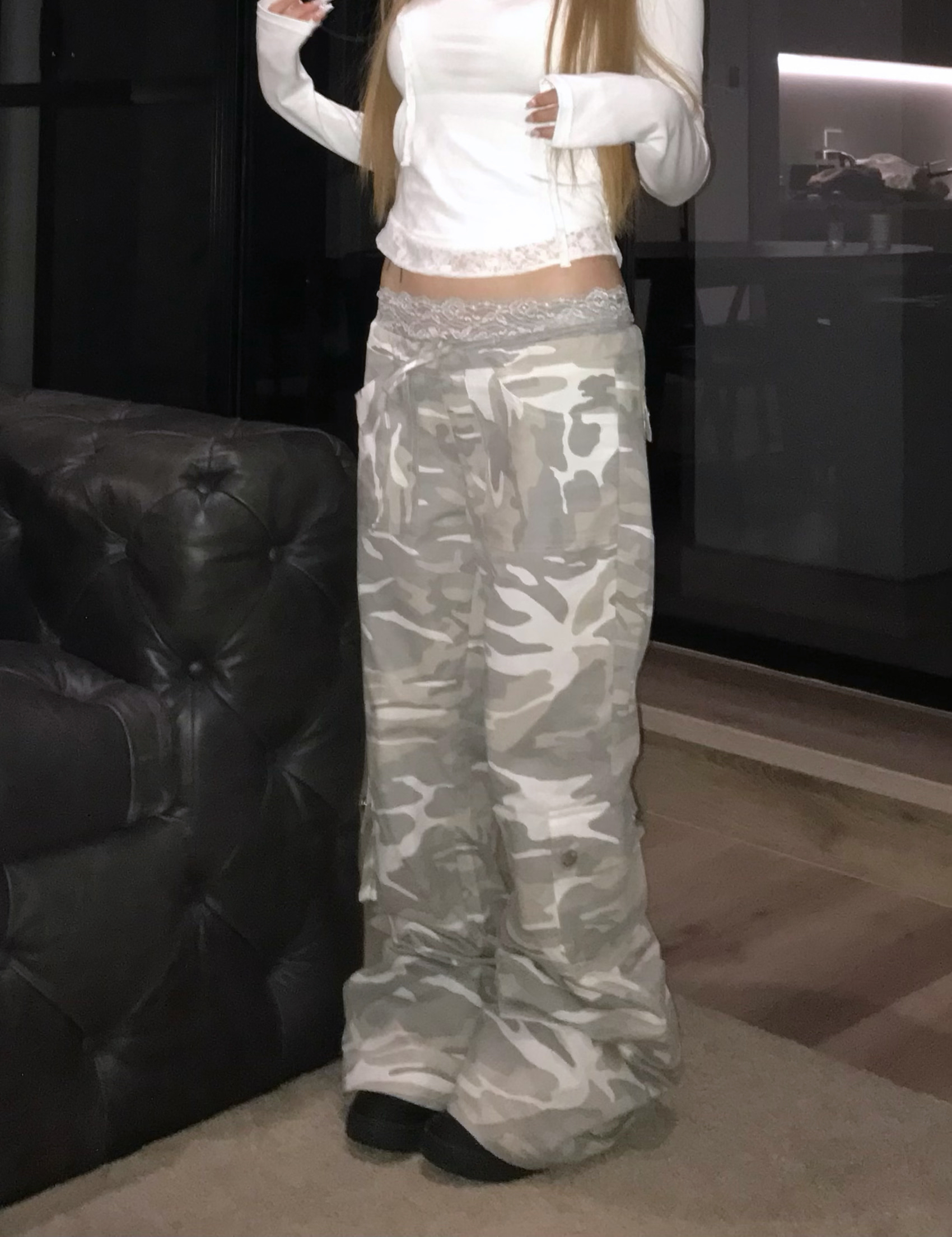 Camo Low-Rise Flare Cargo Pants