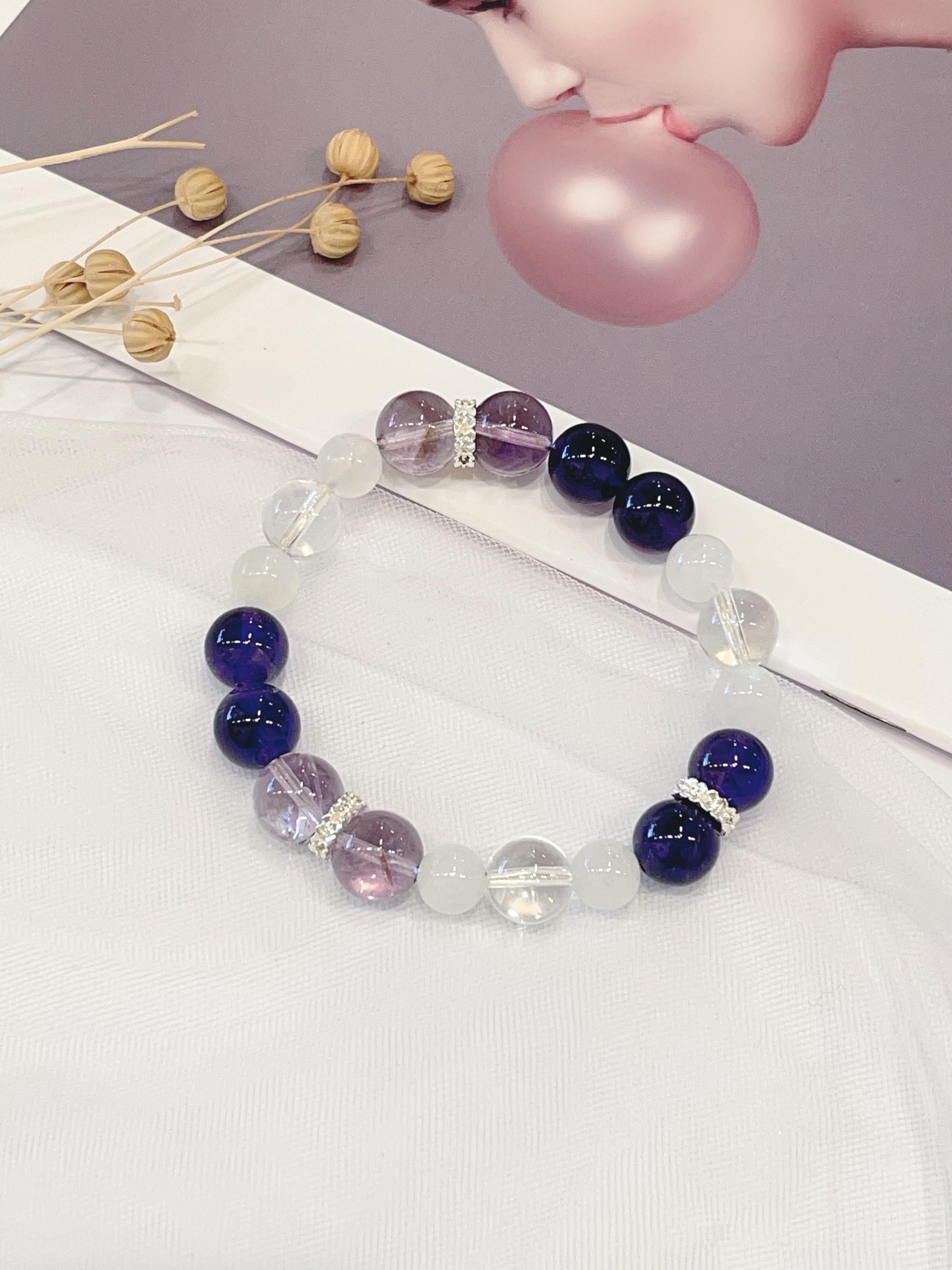 💜 紫水晶 × 紫阿塞 × 白水晶 × 月光石手串  Amethyst & Clear Quartz & Moonstone｜沉稳守护