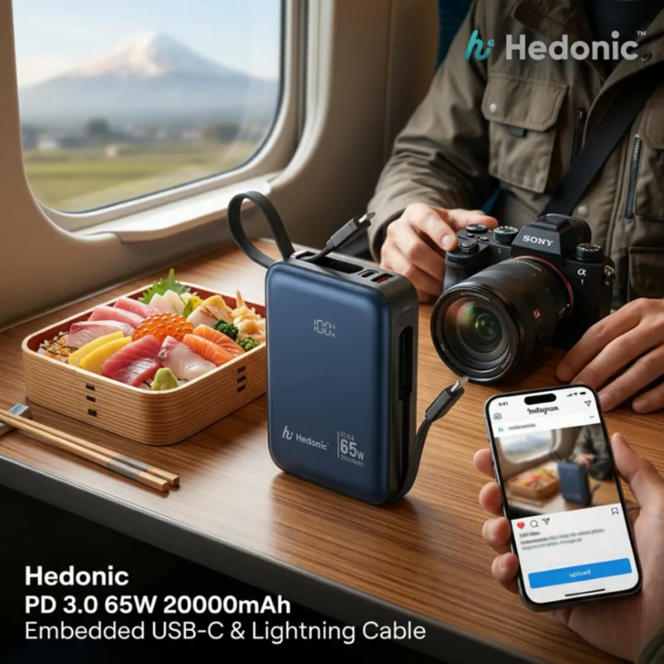 (CCC 認證(二維碼) ) Hedonic PD 3.0 65W Lightning & USB-C 20,000mAh CCC & QR Code, C11 自帶線移動電源：強悍電力，優雅隨行