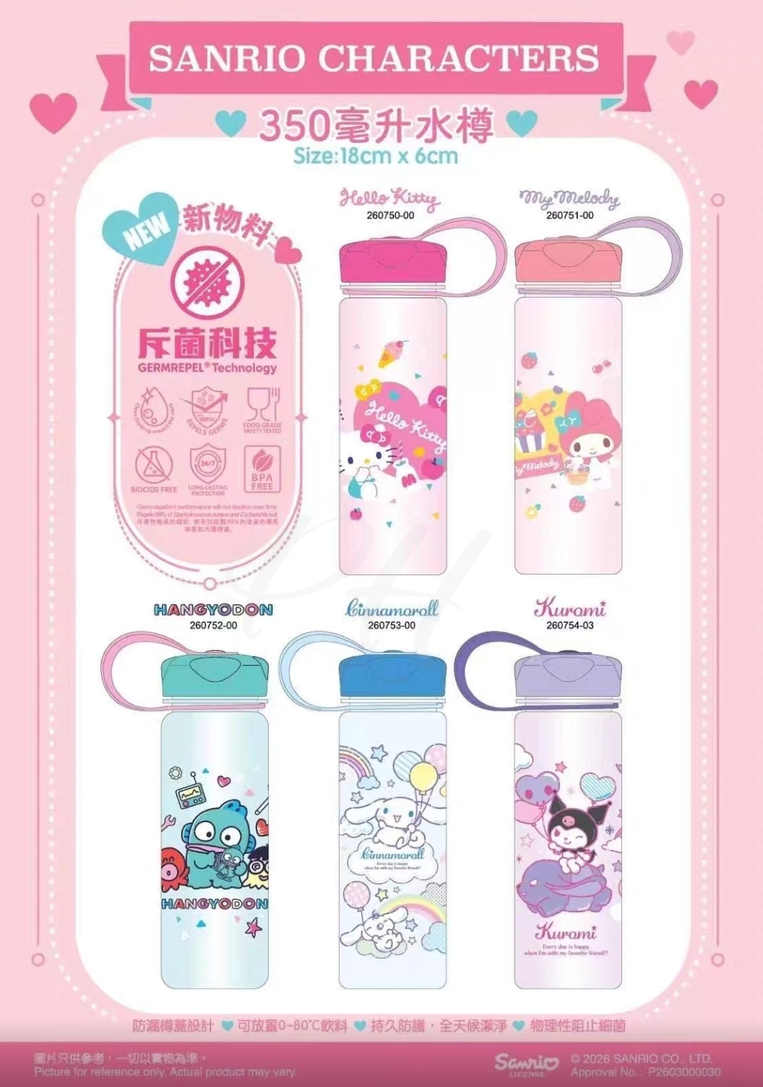 $75件。2件起$65件。 2026 Sanrio Characters 350毫升水樽