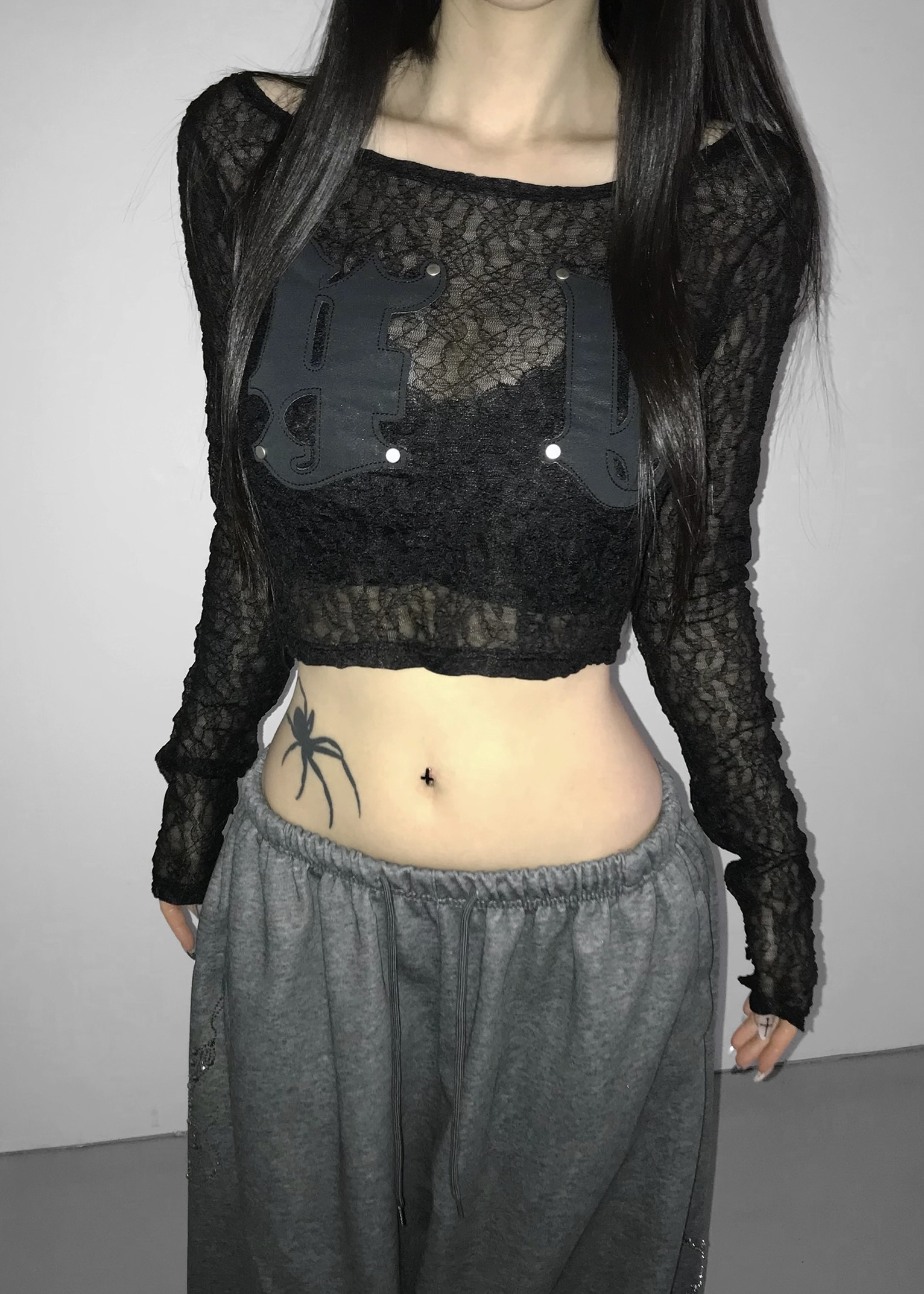 Sheer Lace Round Neck Crop Top