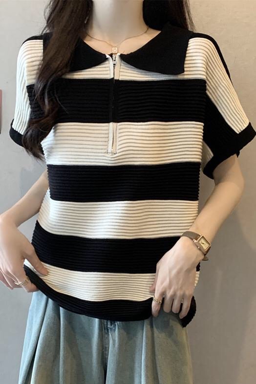 B135(942) 韩版洋气拉链翻领撞色横纹针织黑上衣 