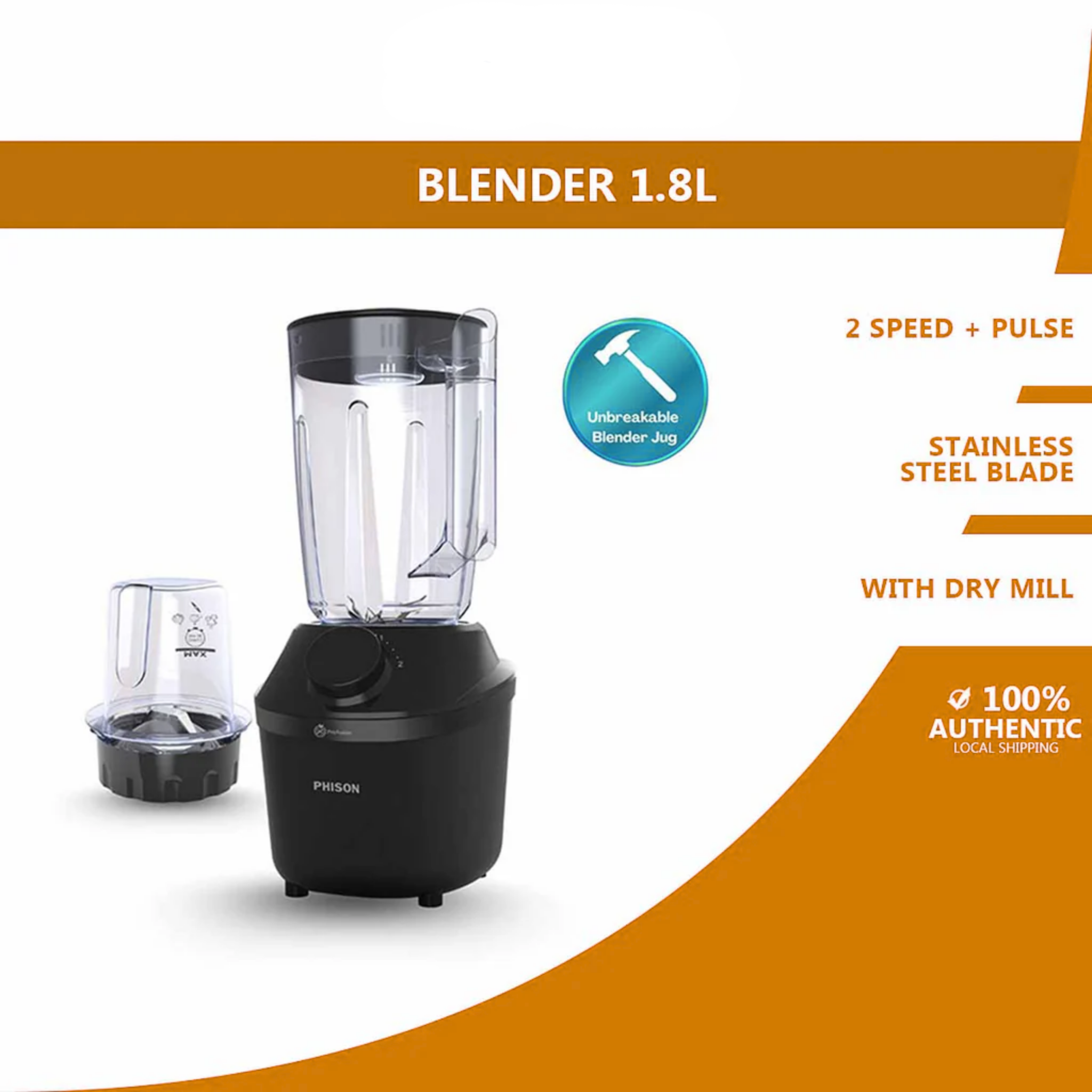 Phison 1.8L Blender with Dry Mill PBL-2041-BK