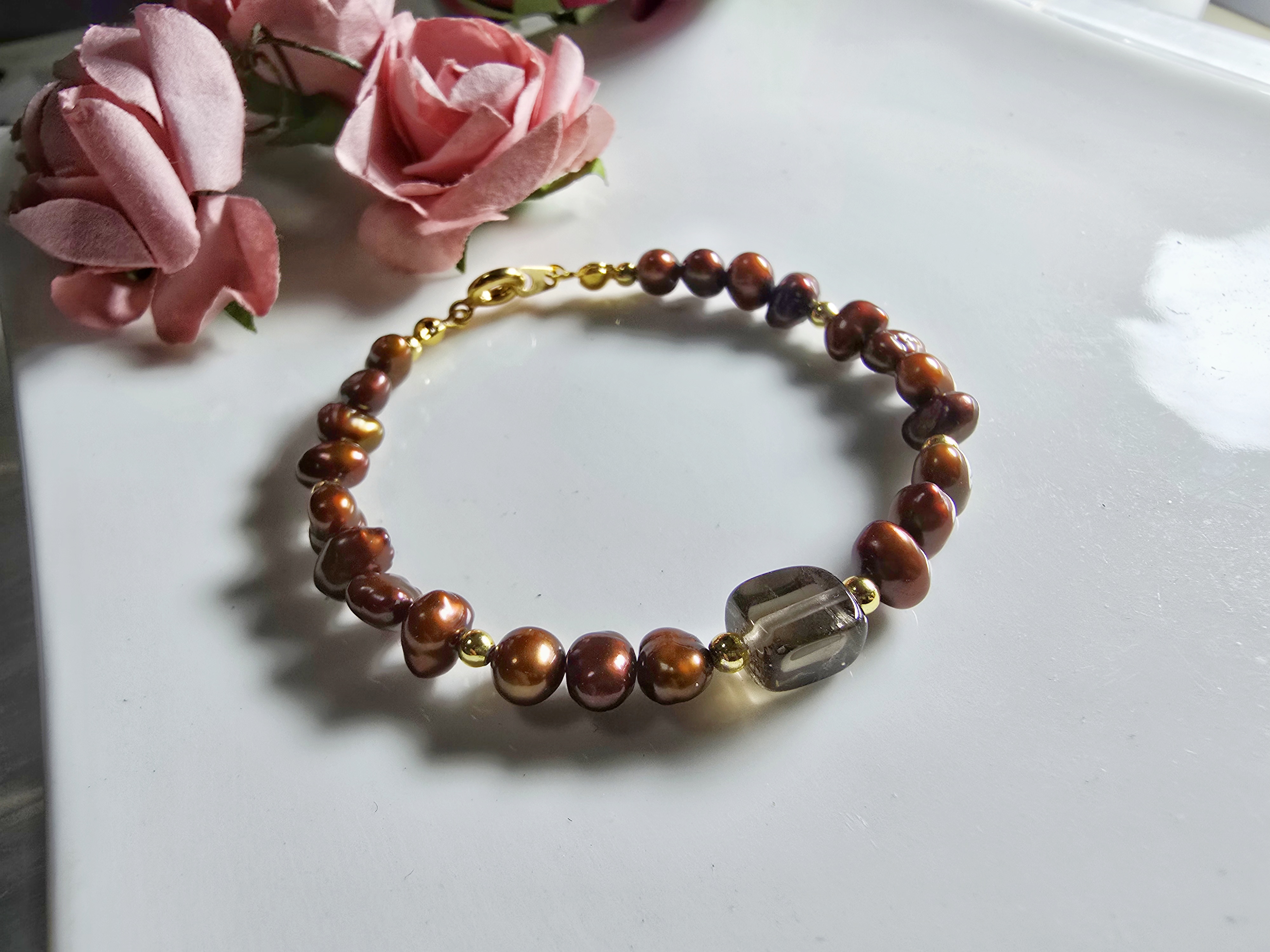 FWP0125-7  天然珍珠茶晶復古手鏈