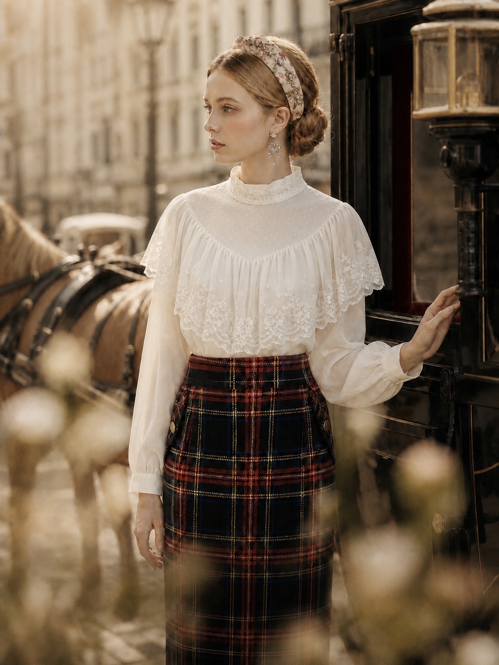 英倫學院的午茶約會 ∙ 金扣格紋復古鉛筆裙 British Academy Teatime ∙ Golden Button Plaid Vintage Pencil Skirt / 公主堡壘晨光朝露蕾絲襯衫Princess Fortress Lace Serenade Blouse