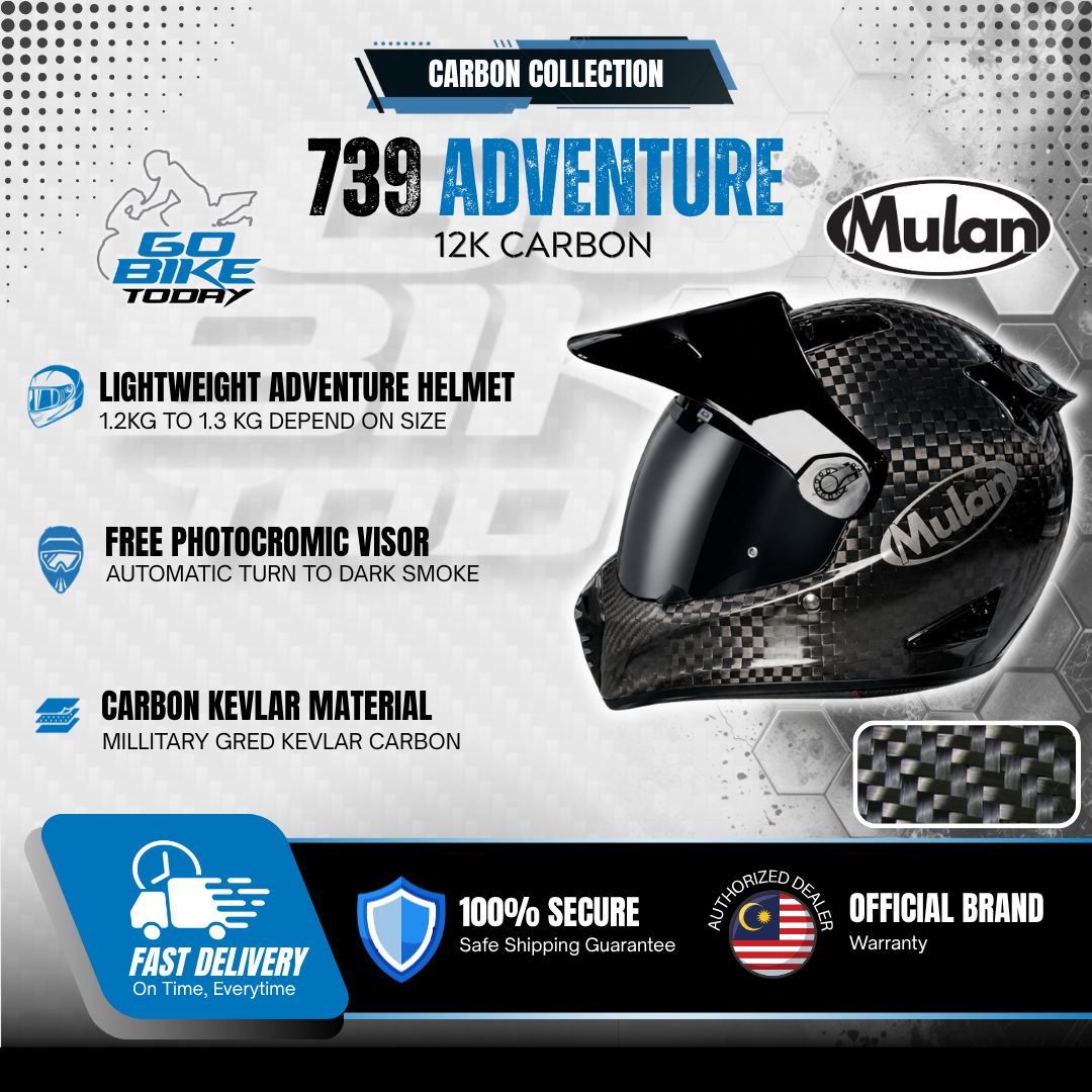 MULAN 739 12K CARBON FIBRE Adventure Helmet | Bulletproof Kevlar | Photochromic Visor | ECE Approved | Touring Ready