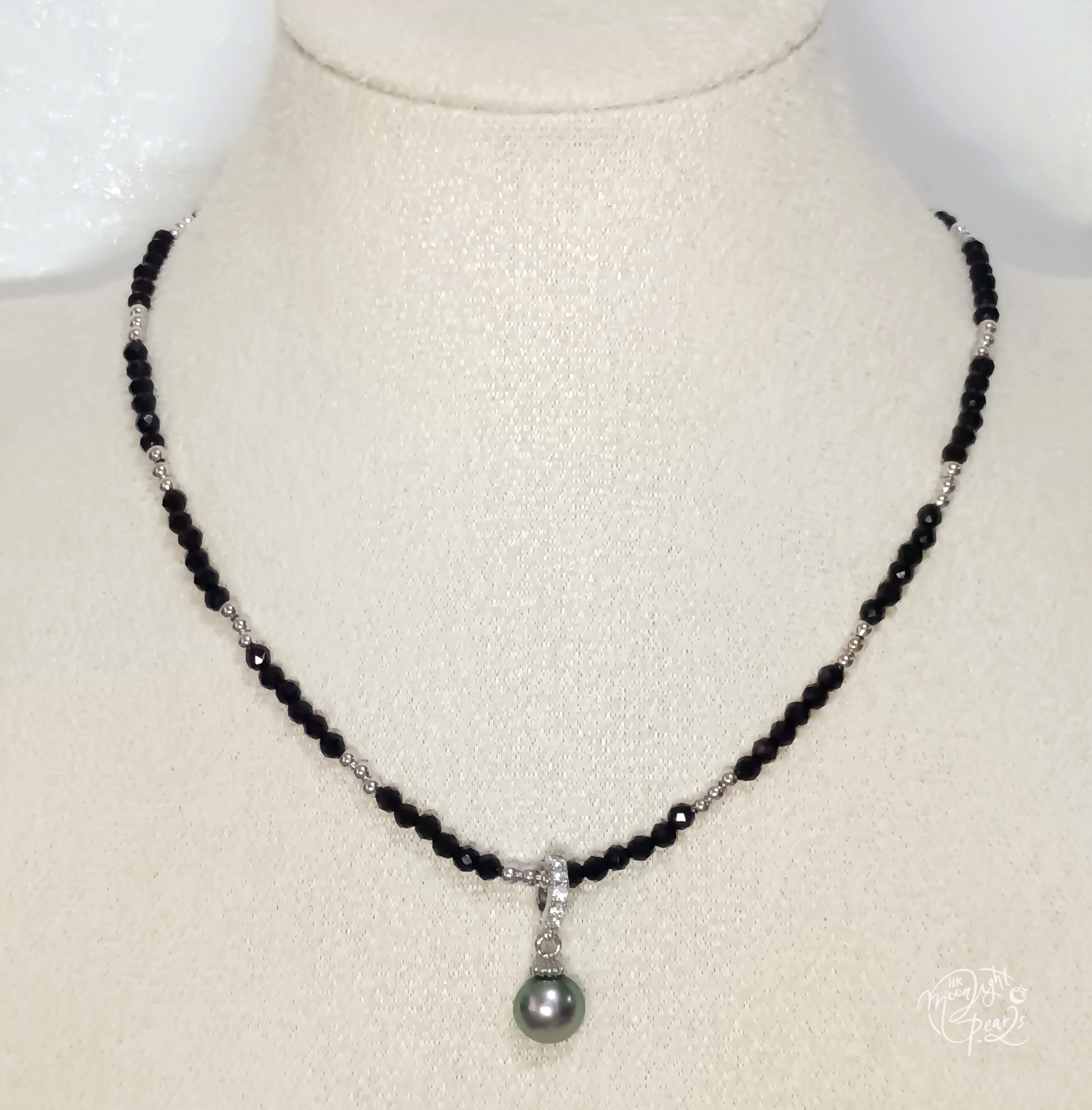 大溪地極光孔雀綠海水馬貝珍珠+黑尖晶石注白可拆卸吊墜鎖骨鍊