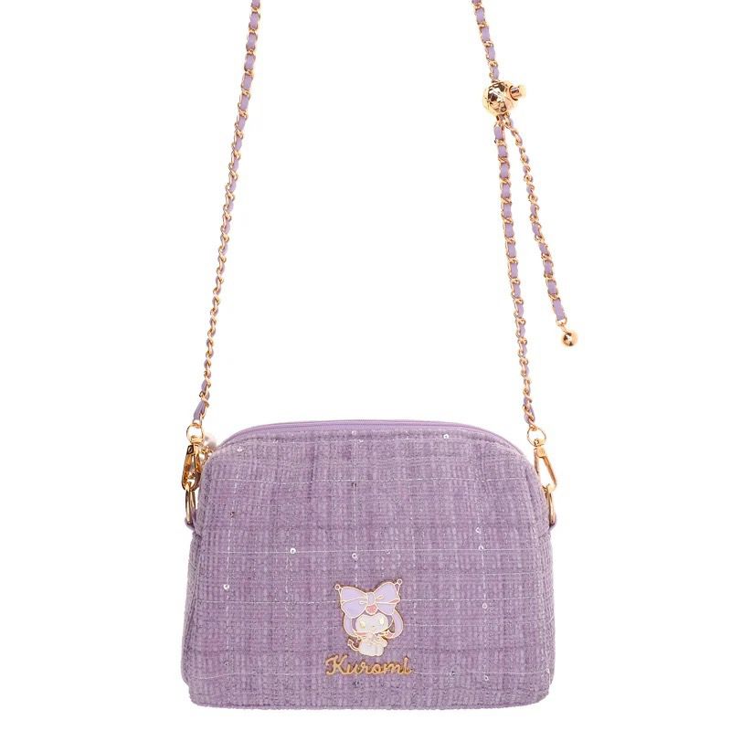 Kuromi 粉紫色絨布金球有肩帶小袋 (小)