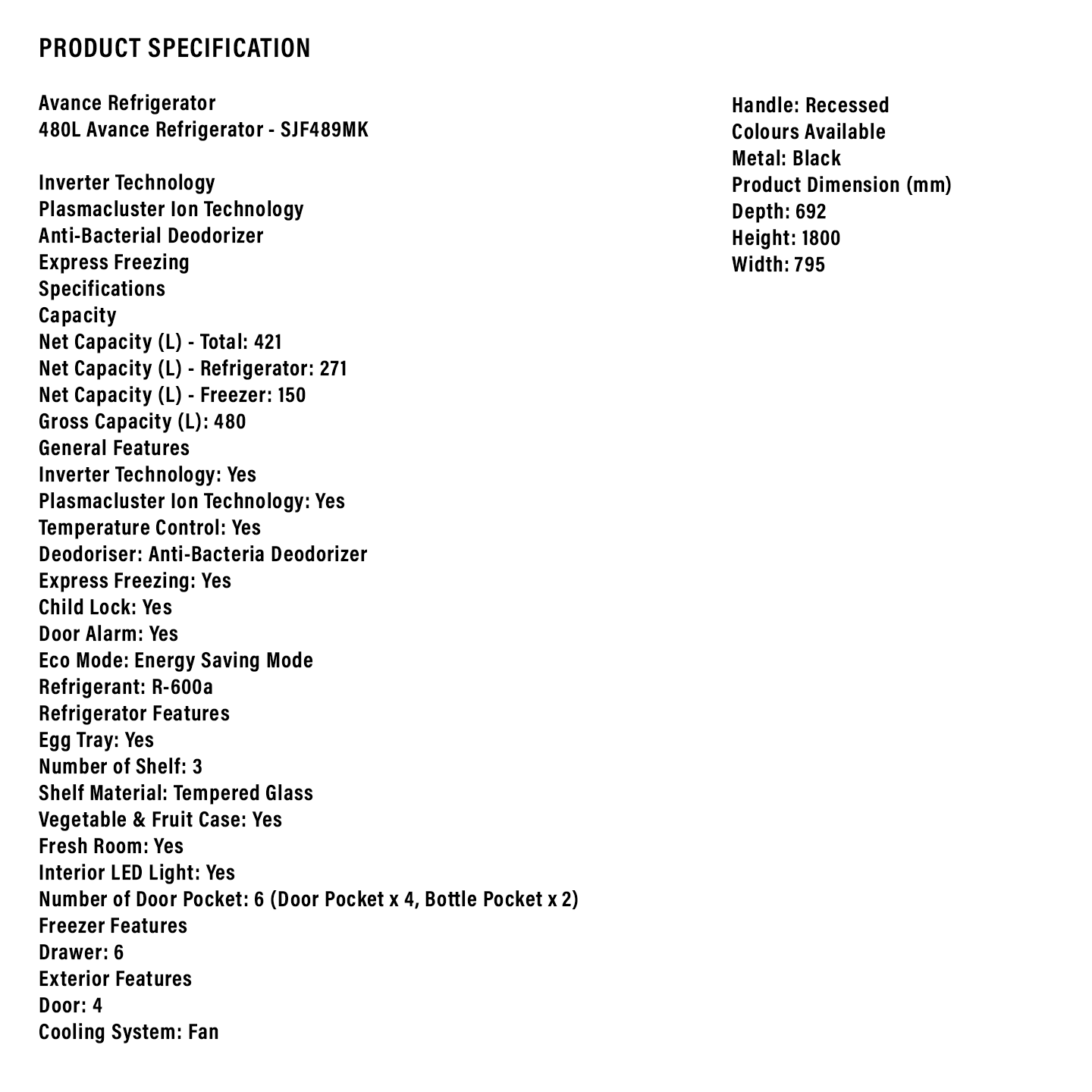 Sharp 480L 4-Door French Refrigerator (SJF489MK)