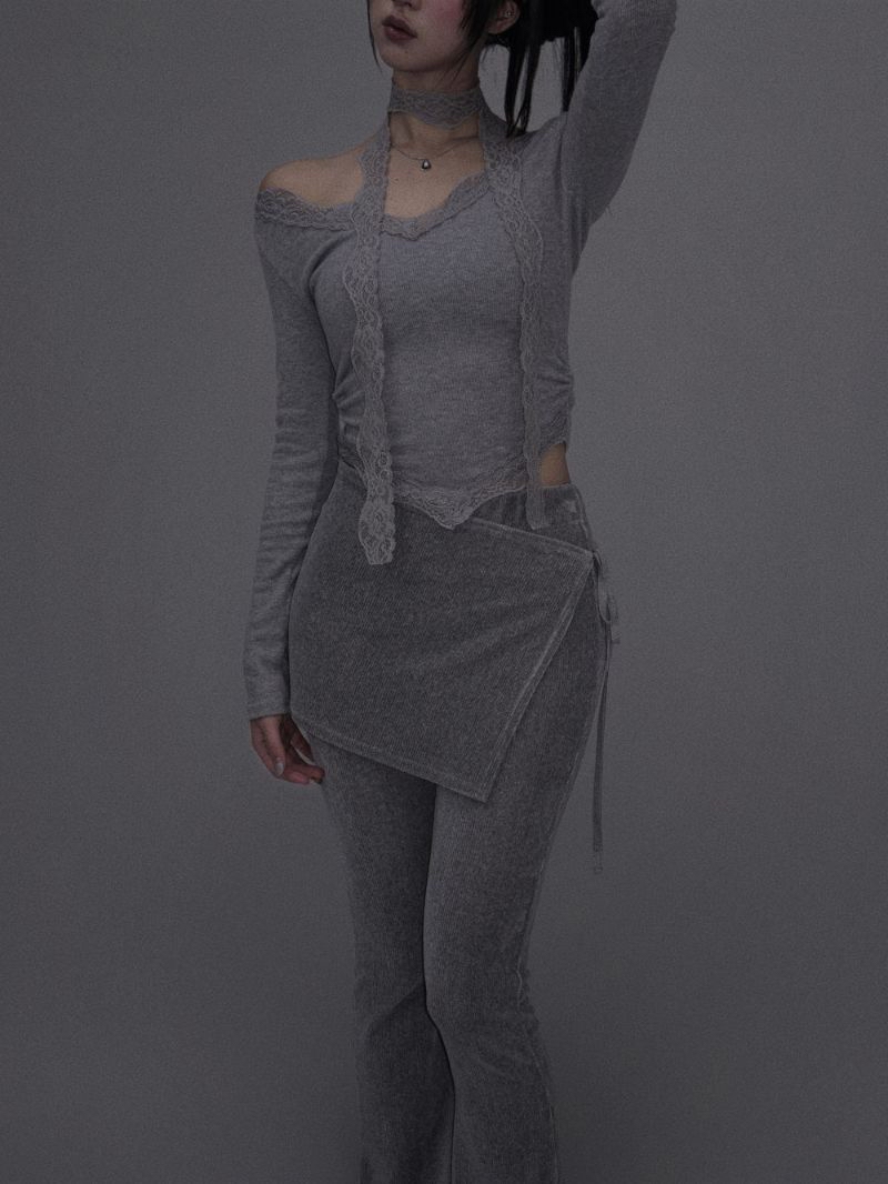 Lace V-Neck Top and Scarf Set