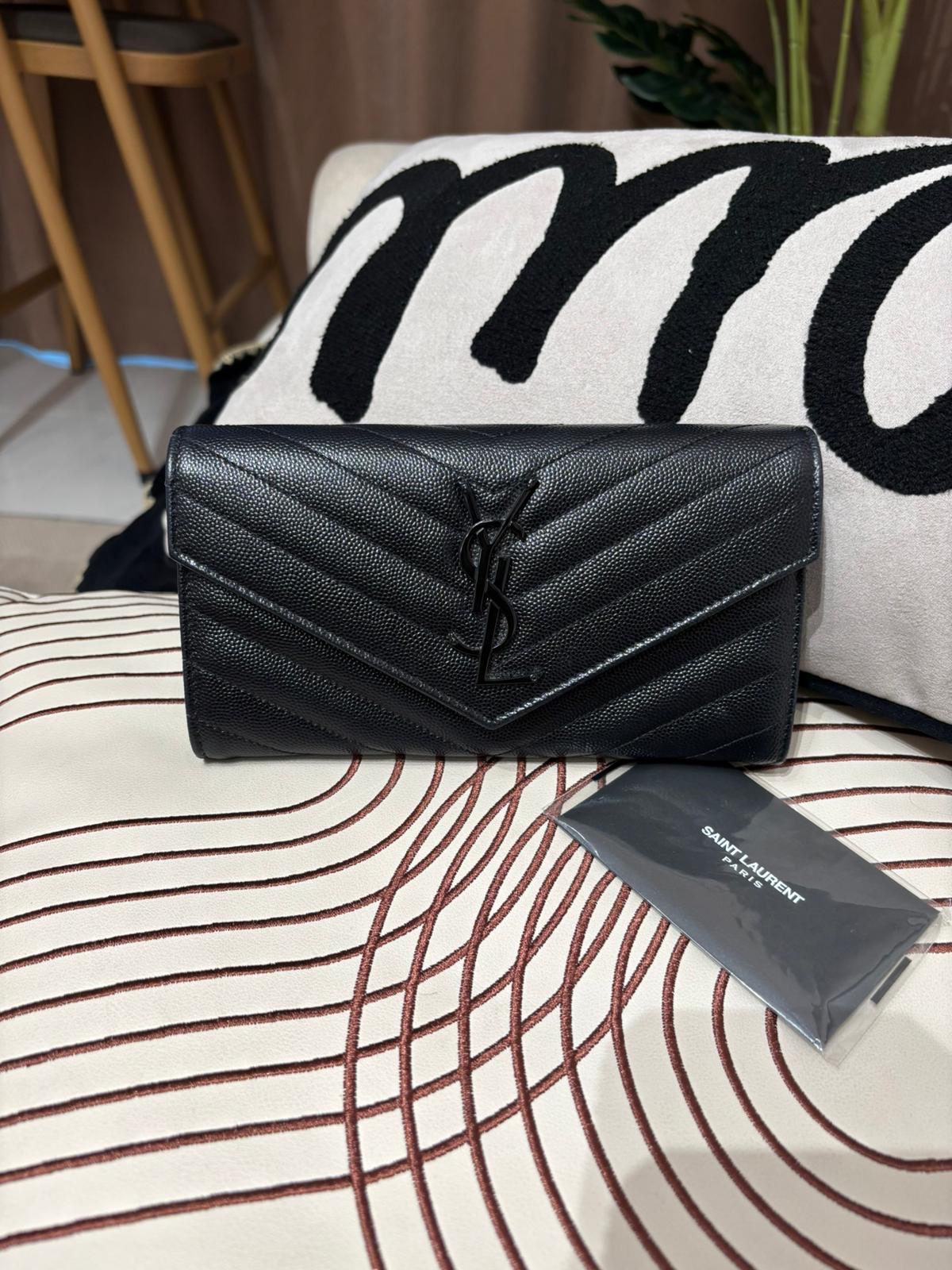 YSL SAINT LAURENT long wallet  Cassandra ysl so black 黑色粒紋小牛皮長銀包 100%Authentic, 98%new ✅certificate ✅box 