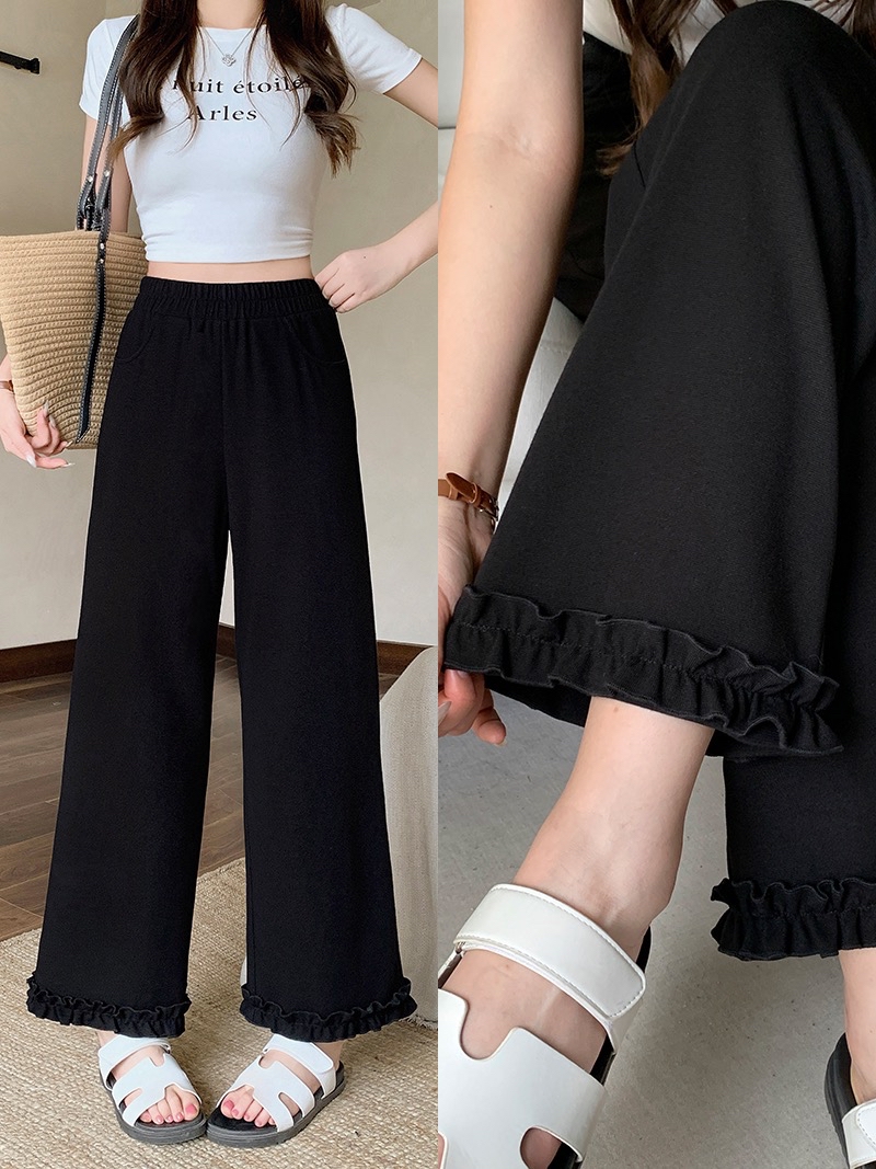 B146(24079) 韩版松紧腰休闲气质拼裤脚木耳边黑直筒长裤