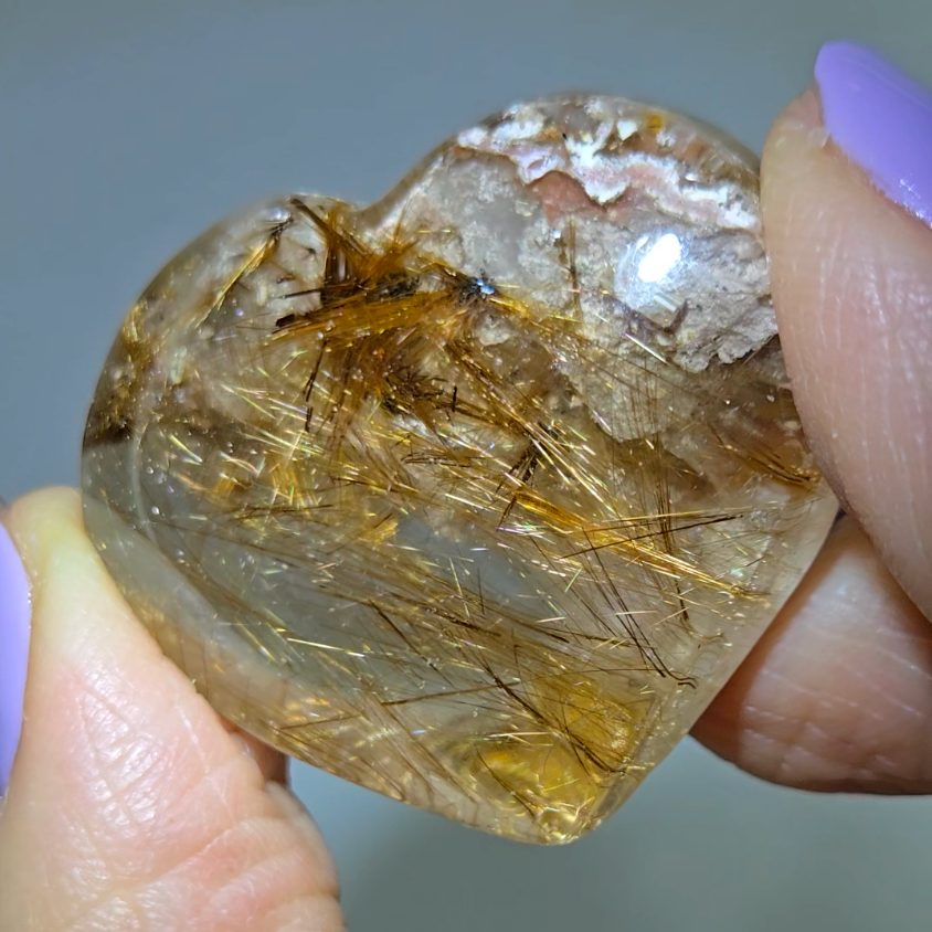 Golden rutile flower on pink lodolite garden quartz heart - RT710
