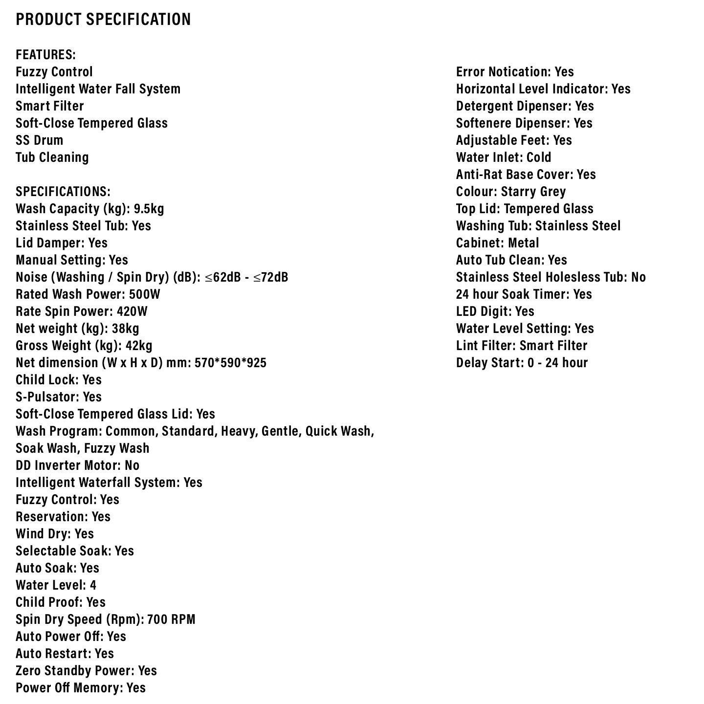 Sharp 9.5kg Top Load Washing Machine (ESX9521)