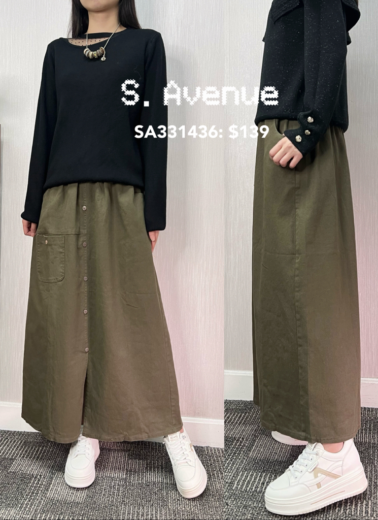 SA331436: 橡筋腰前有鈕側方袋長裙