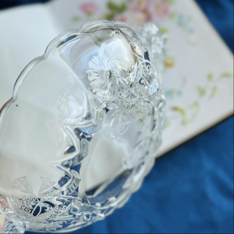 Vintage C.a. 1960s Silver Overlay Floral Pattern Glass Bowl with Scrollwork Handles (MT2013)