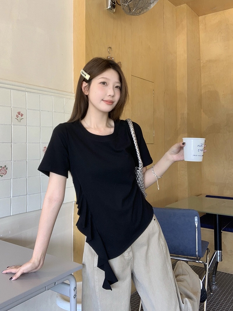 B83(36658) 韩系甜美风圆领短袖腰边荷叶飘带设计感3色上衣