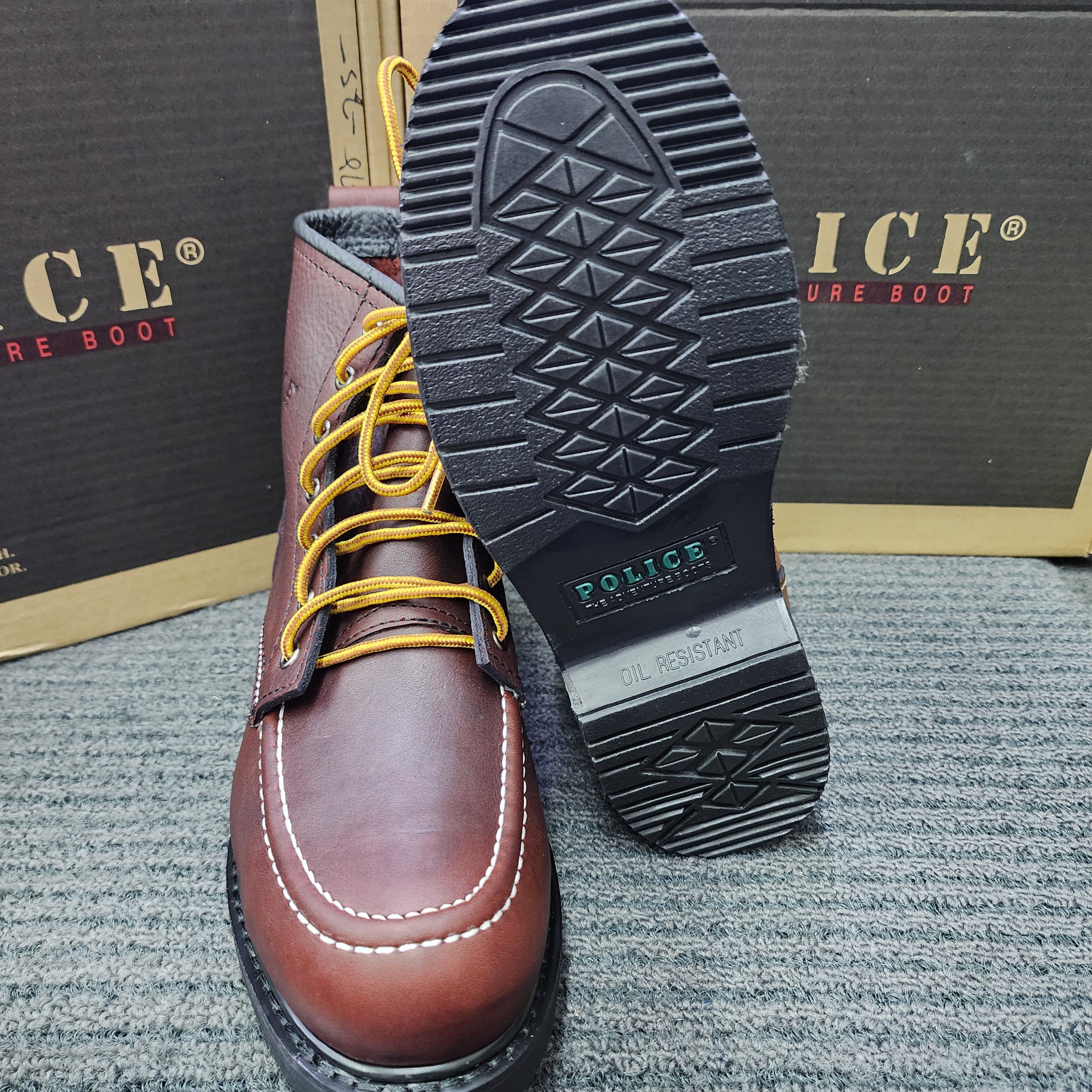 Police Safety Shoes 90199 Midcut Lace Tapak Hitam Kasut Keselamatan Brown Maroon Full Leather