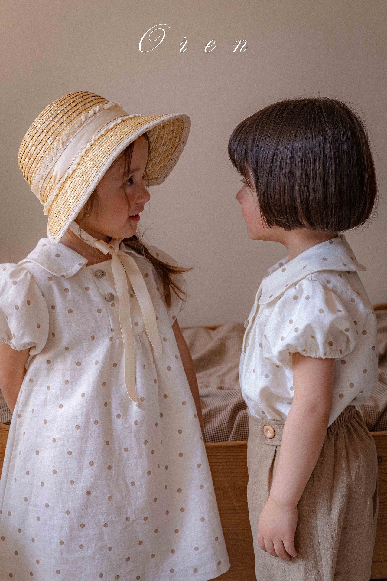 ☀️預訂 韓國直送☀️🇰🇷Oren 雙排鈕扣波點翻領亞麻混紡短袖包屁衣/連身裙/上下套裝