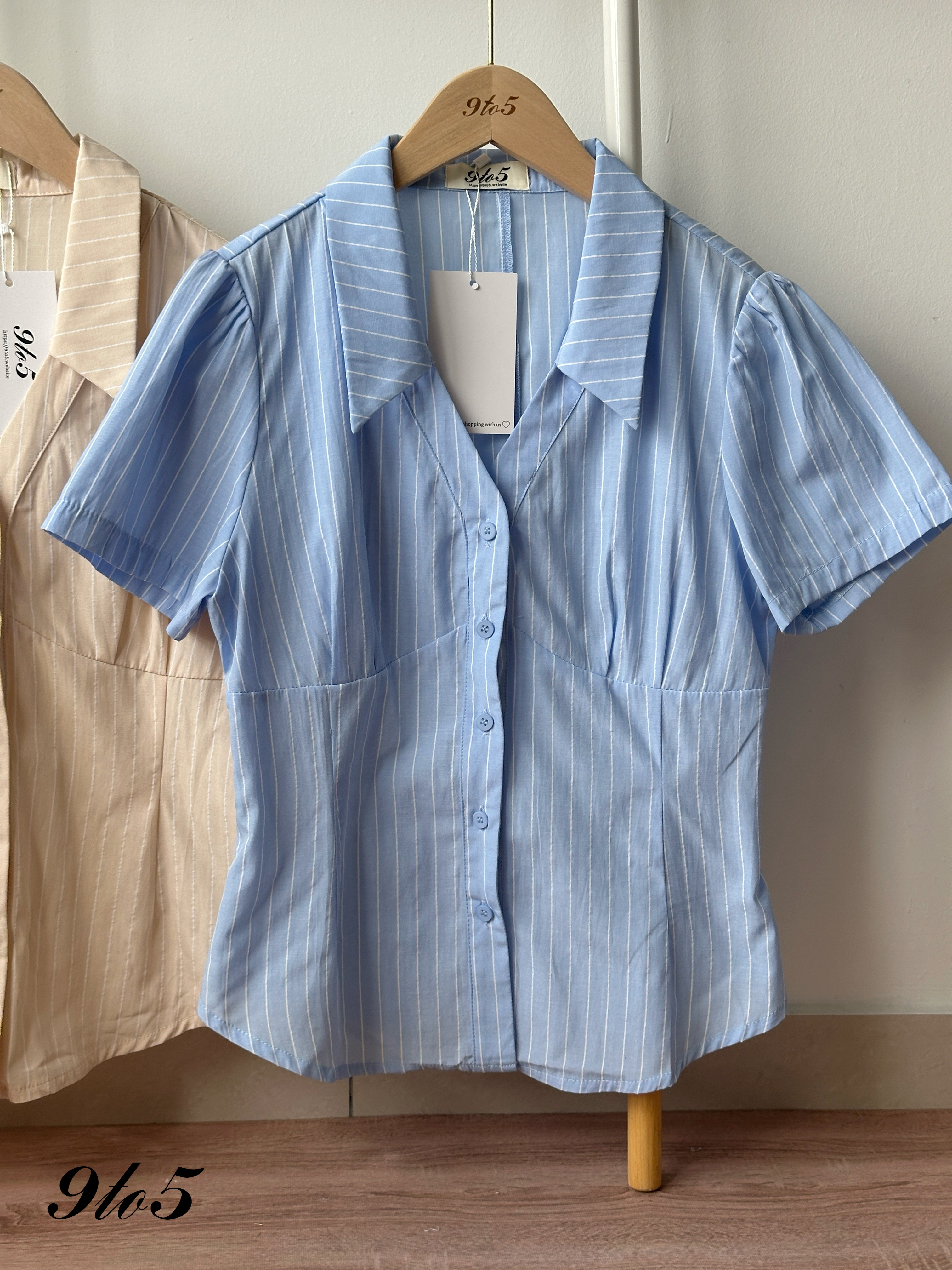 T4315 V Neck Stripe Shirt - Beige & Blue