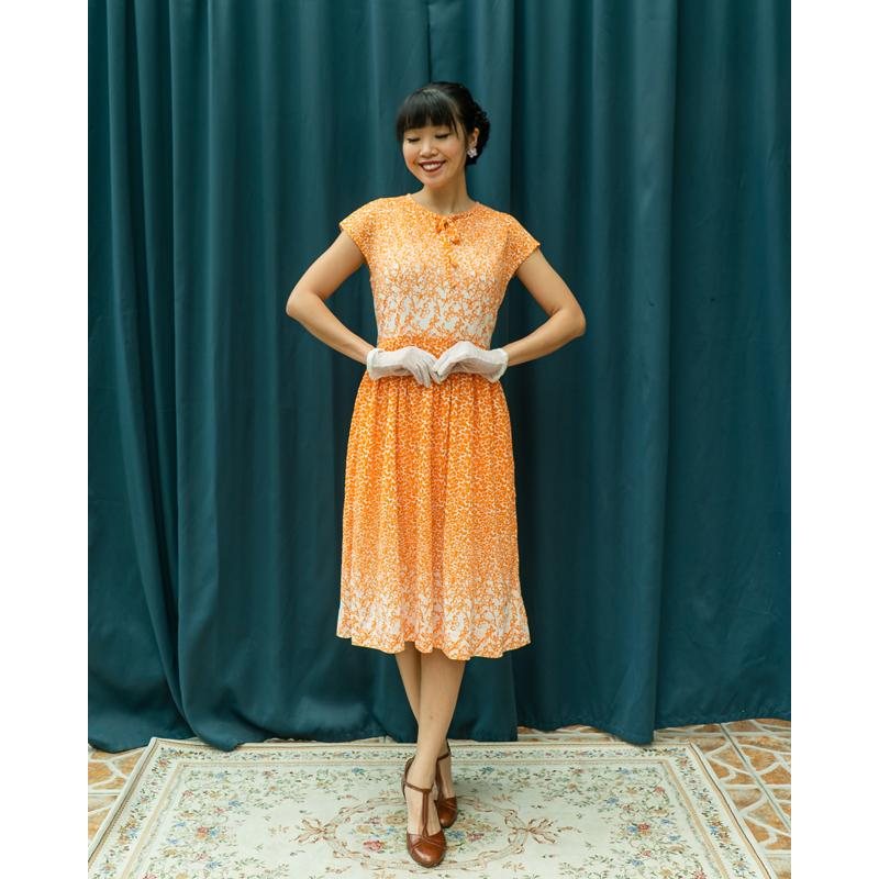 Vintage Tie Collar Orange x White Bottom Floral Foliage Outline Dress Summer Fit and Flare Dress (MT1608-62)