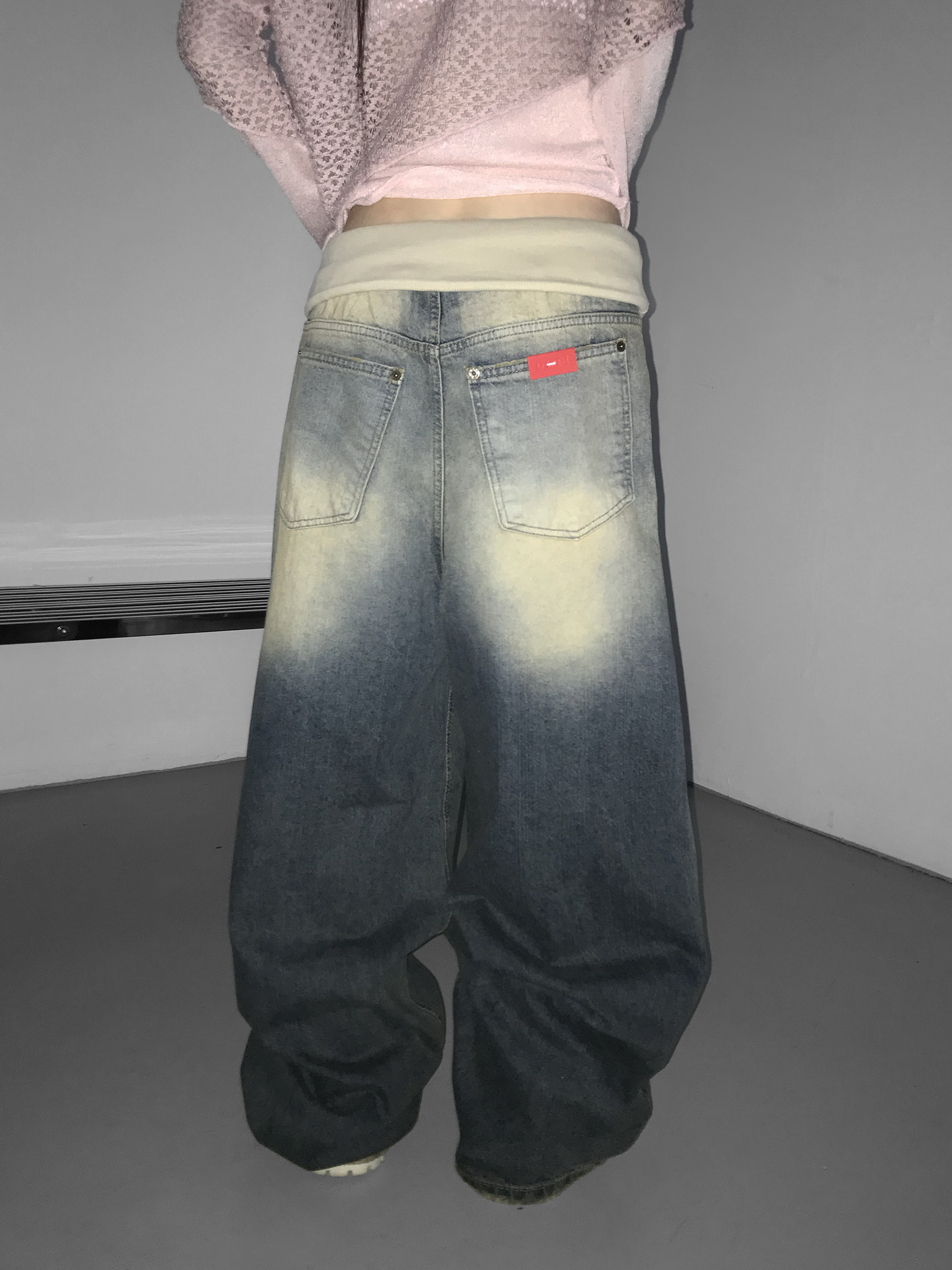 Vintage Washed Foldover-Waist Denim Pants