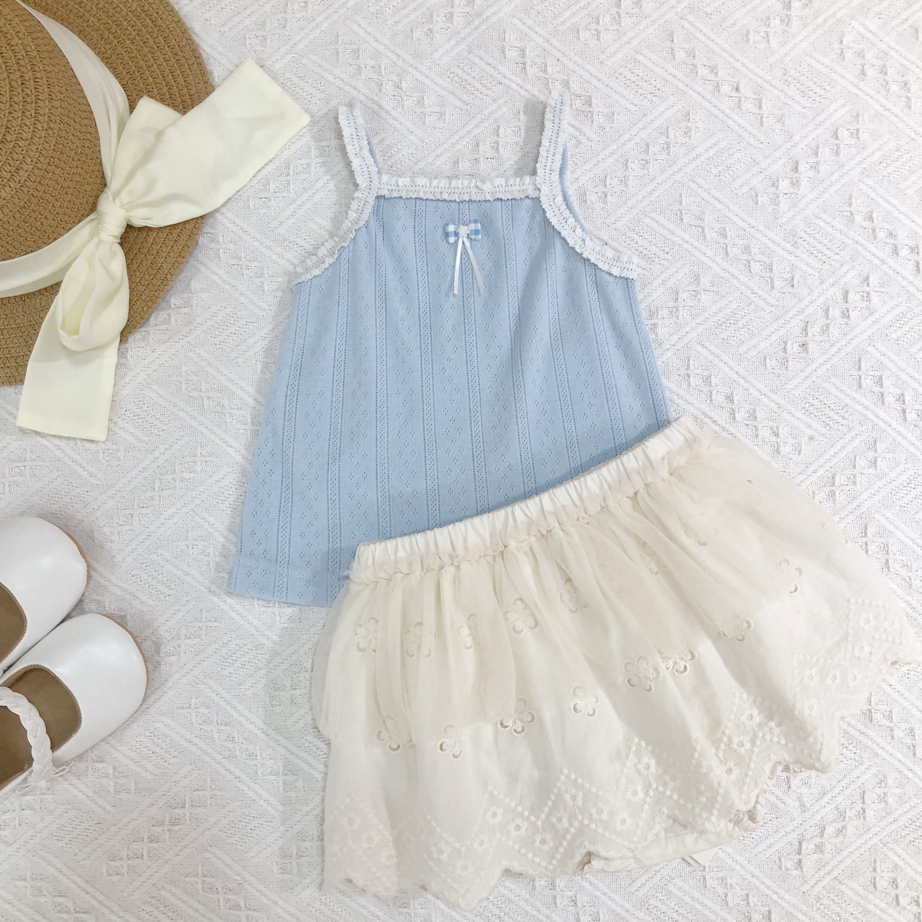 Baby Girl Light Blue Tank Top and Embroidered Shorts Set