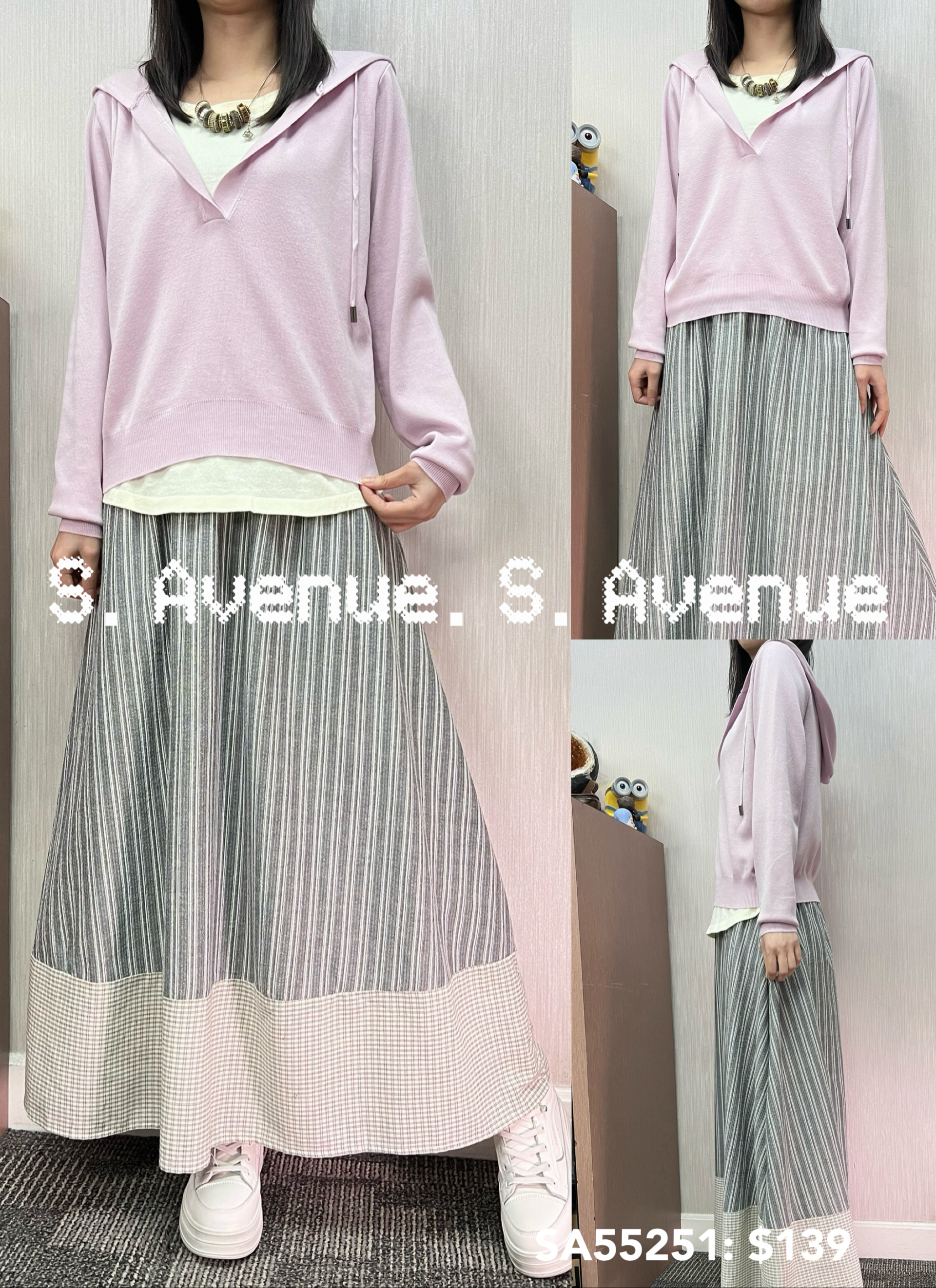 SA55251: 長袖有帽假兩件線top