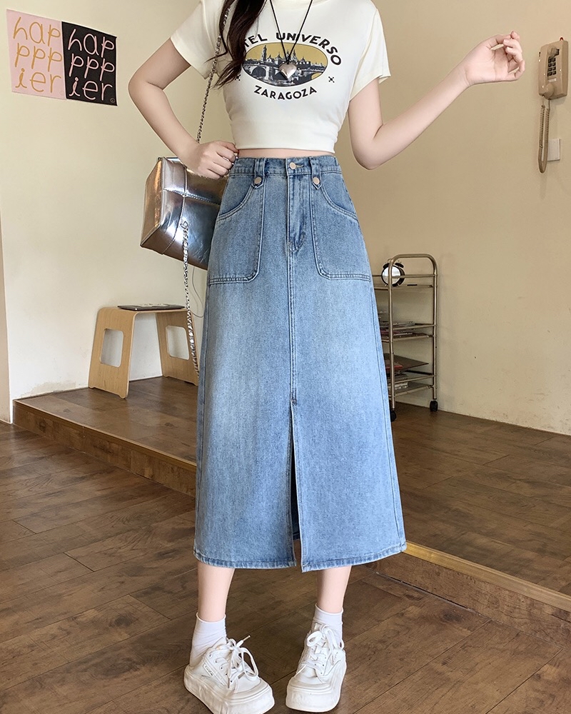 B352(65458) 韩版JEANS单钮扣带双边直角口袋前部开角蓝长裙 