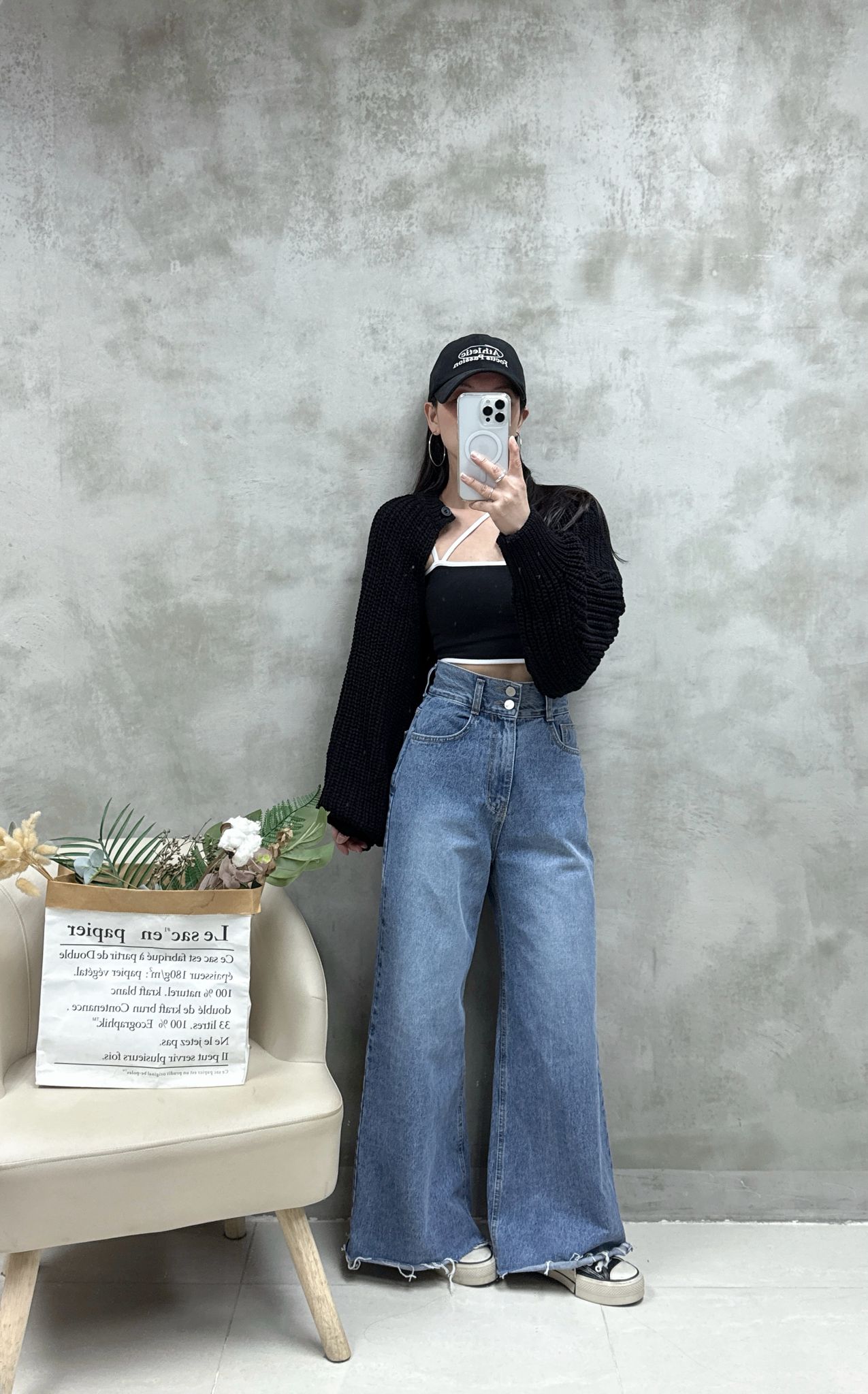 雙鈕高腰牛仔褲