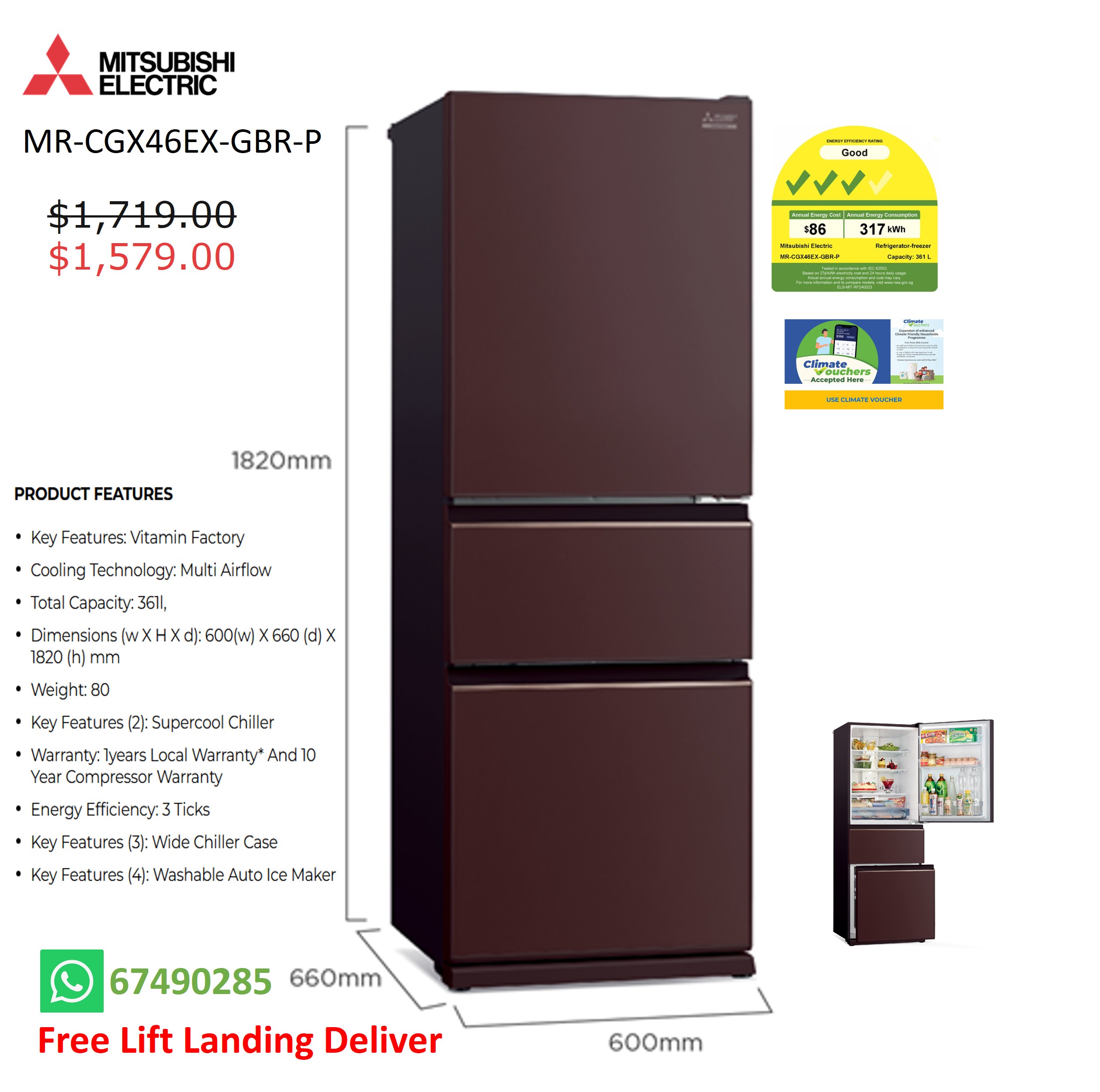 Mitsubishi MR-CGX46EX 3 Doors Refrigerator