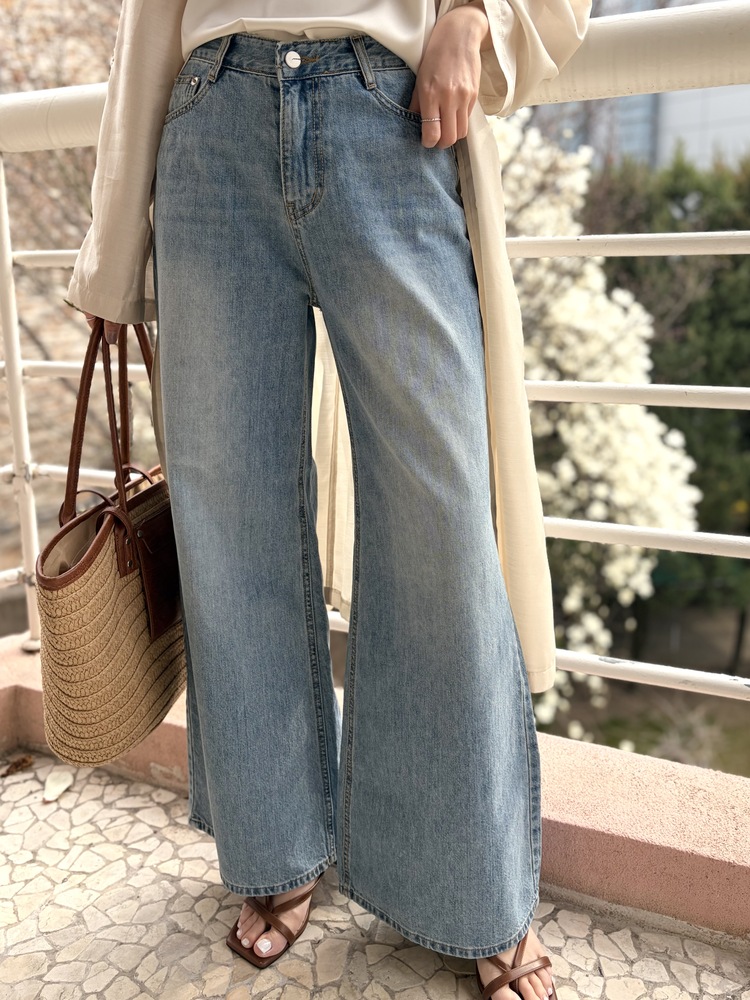 [薄!] Faded Wash Wide Leg Jeans