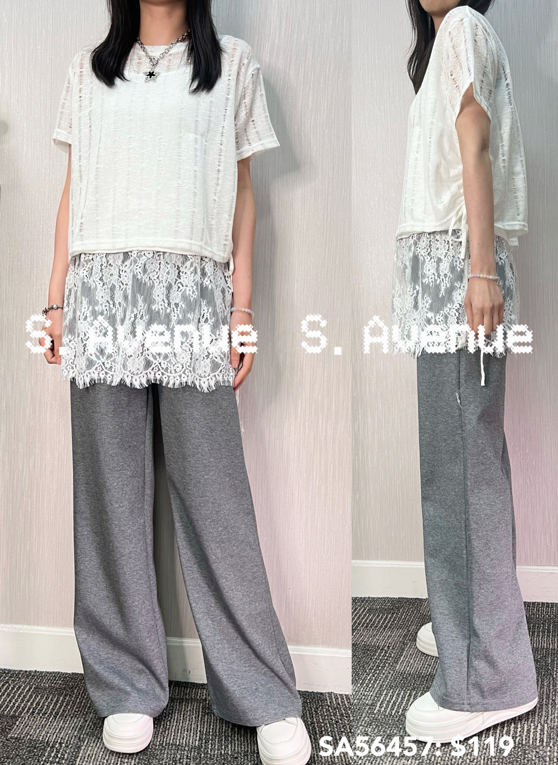 SA56457: 短袖織紋top配吊帶lace衫