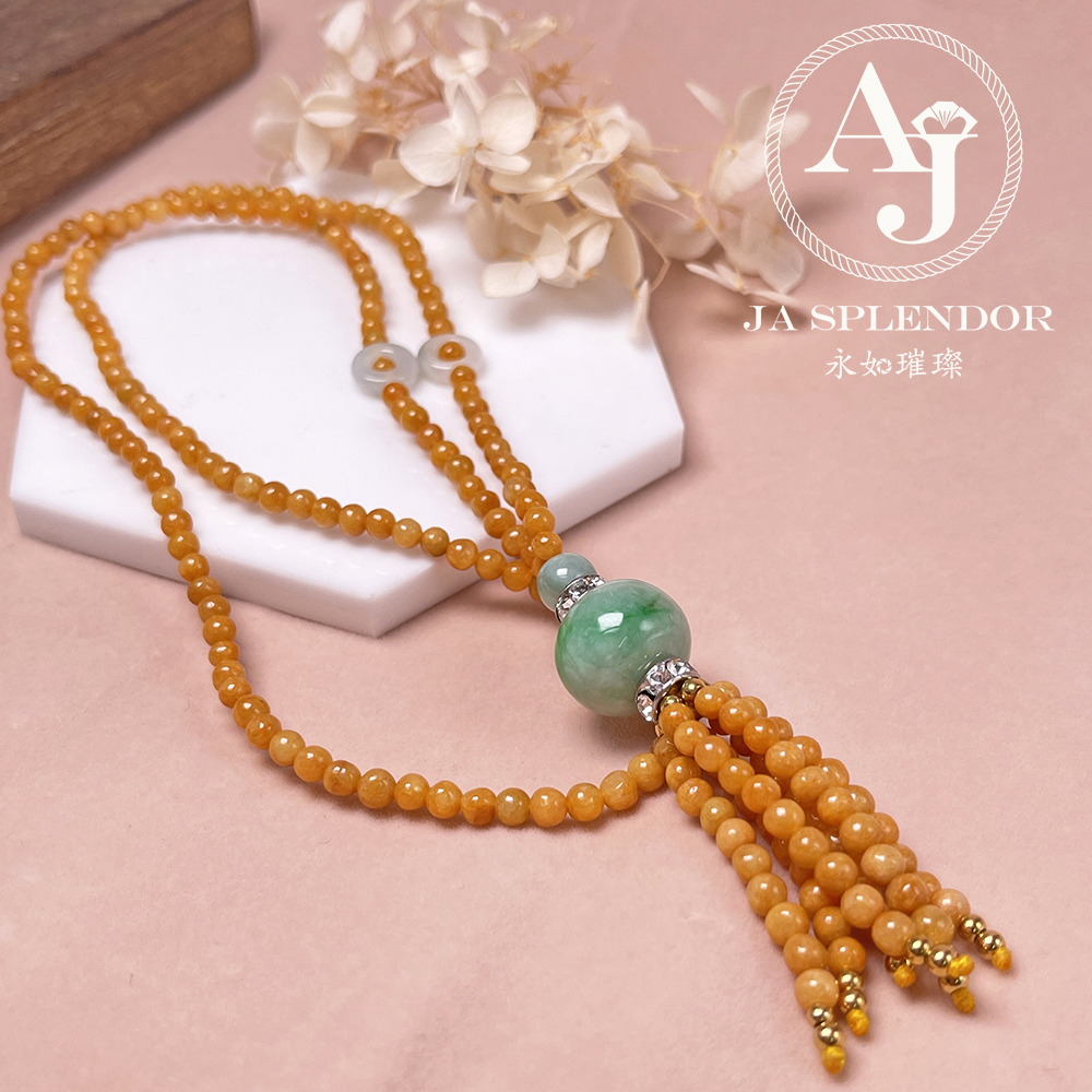 JN-H40-261 天然翡翠A玉 華麗黃翡配綠珠串串金項鏈