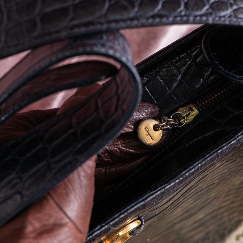 Vintage Salvatore Ferragamo Dark Blue Embossed Leather With iconic Gancini Hardware Large Two Way Shoulder / Crossbody Bag (MT1815)