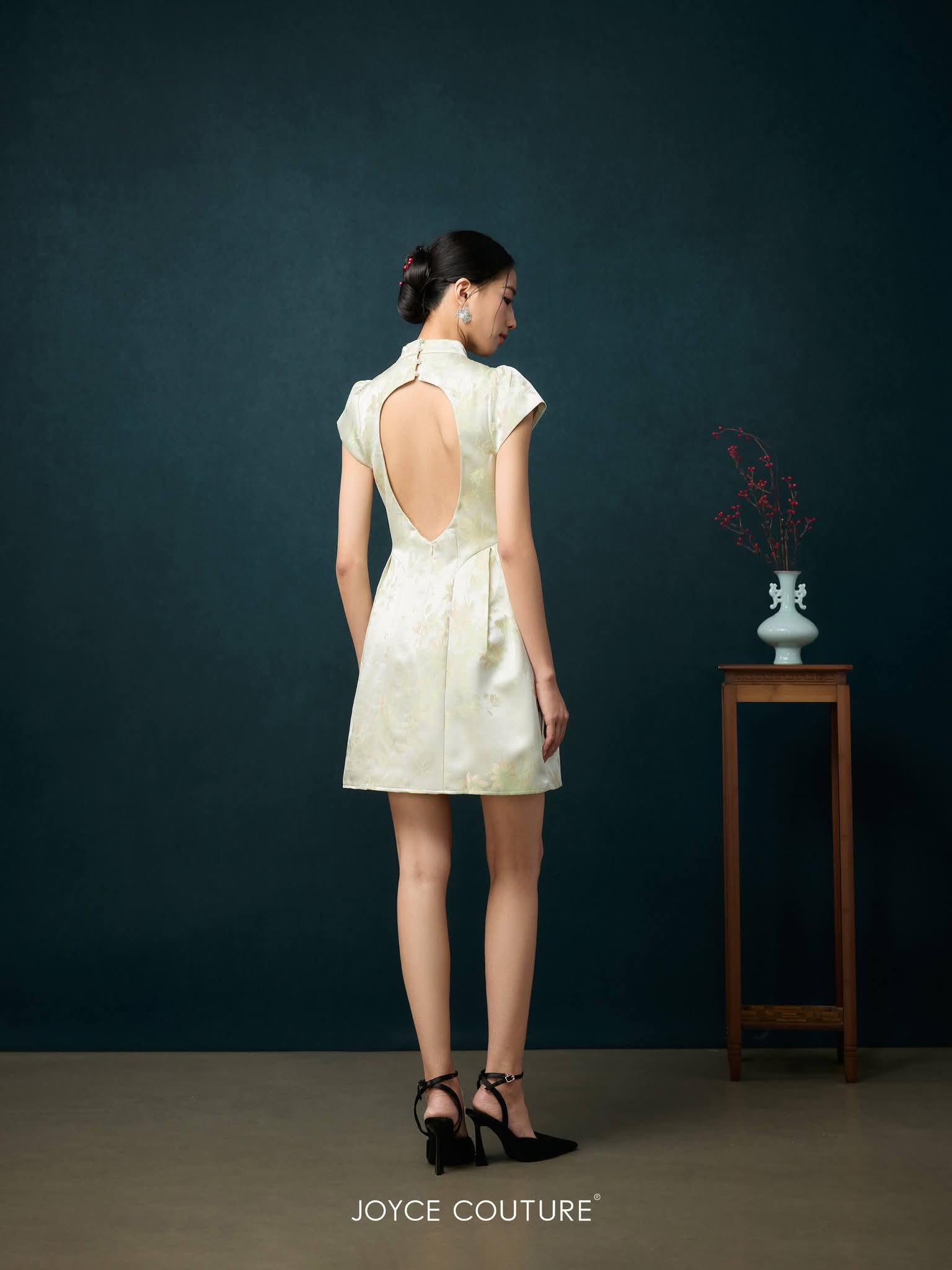 露背自带胸垫旗袍连身裙 D0364