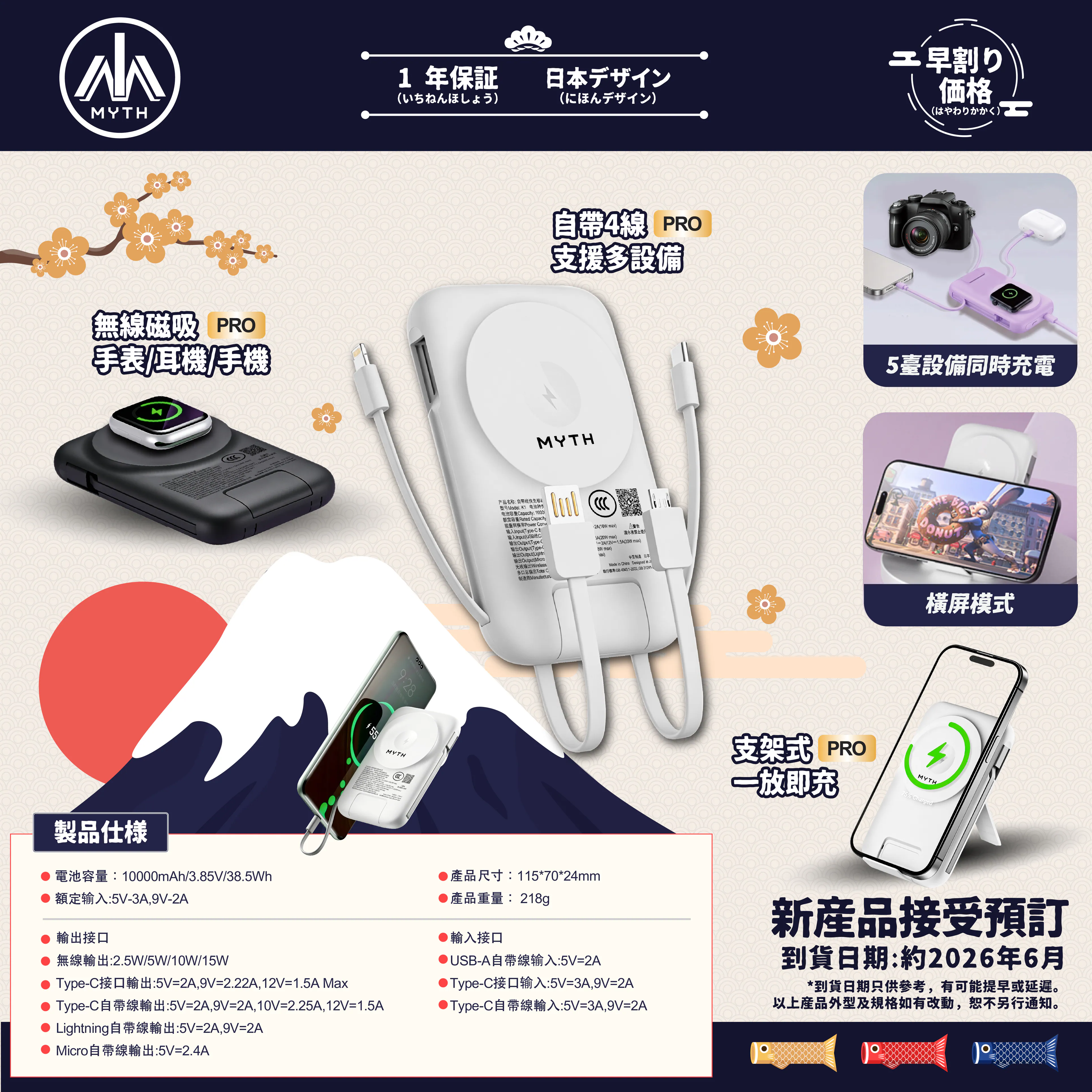 [香港行貨 | 1年保養] Myth K1 8合1移動電源10000mAh PD3.0 | 磁吸15W | 自帶4線支援多設備 (3C可追溯二維碼)