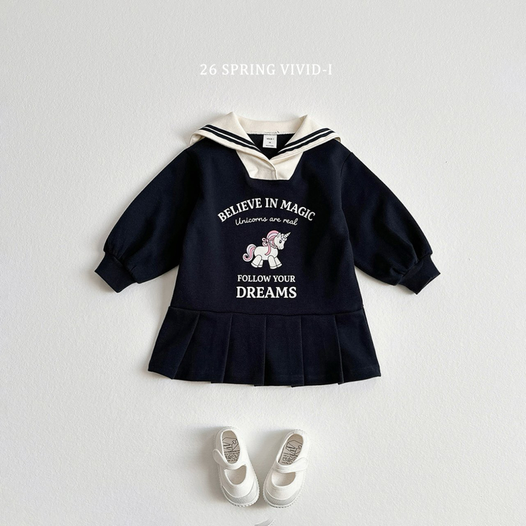 🌸預訂 韓國直送🌸🇰🇷VIVIDI四色水手領獨角獸印花長袖百摺連身裙