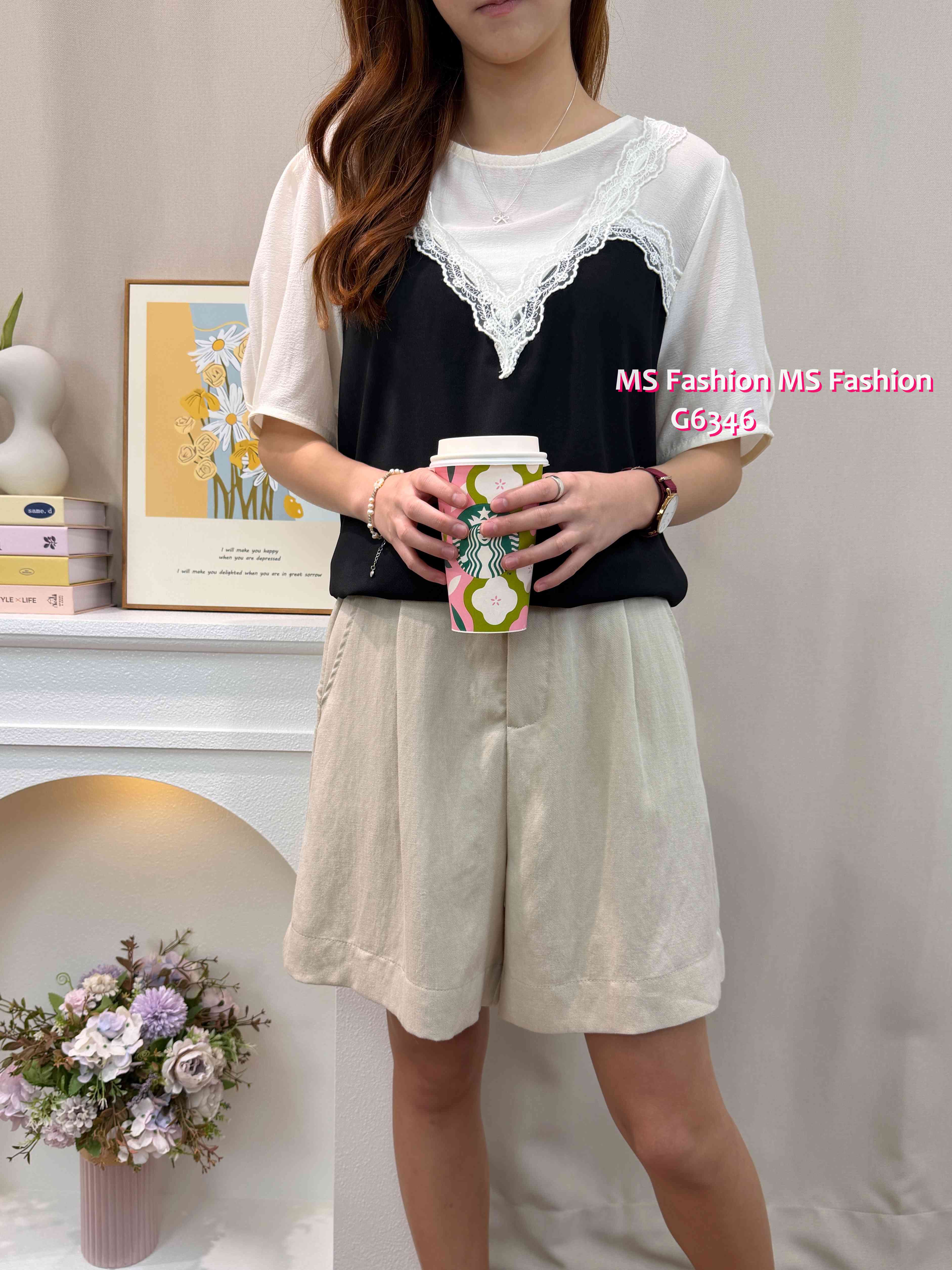 G6346 靚料拼色V lace top
