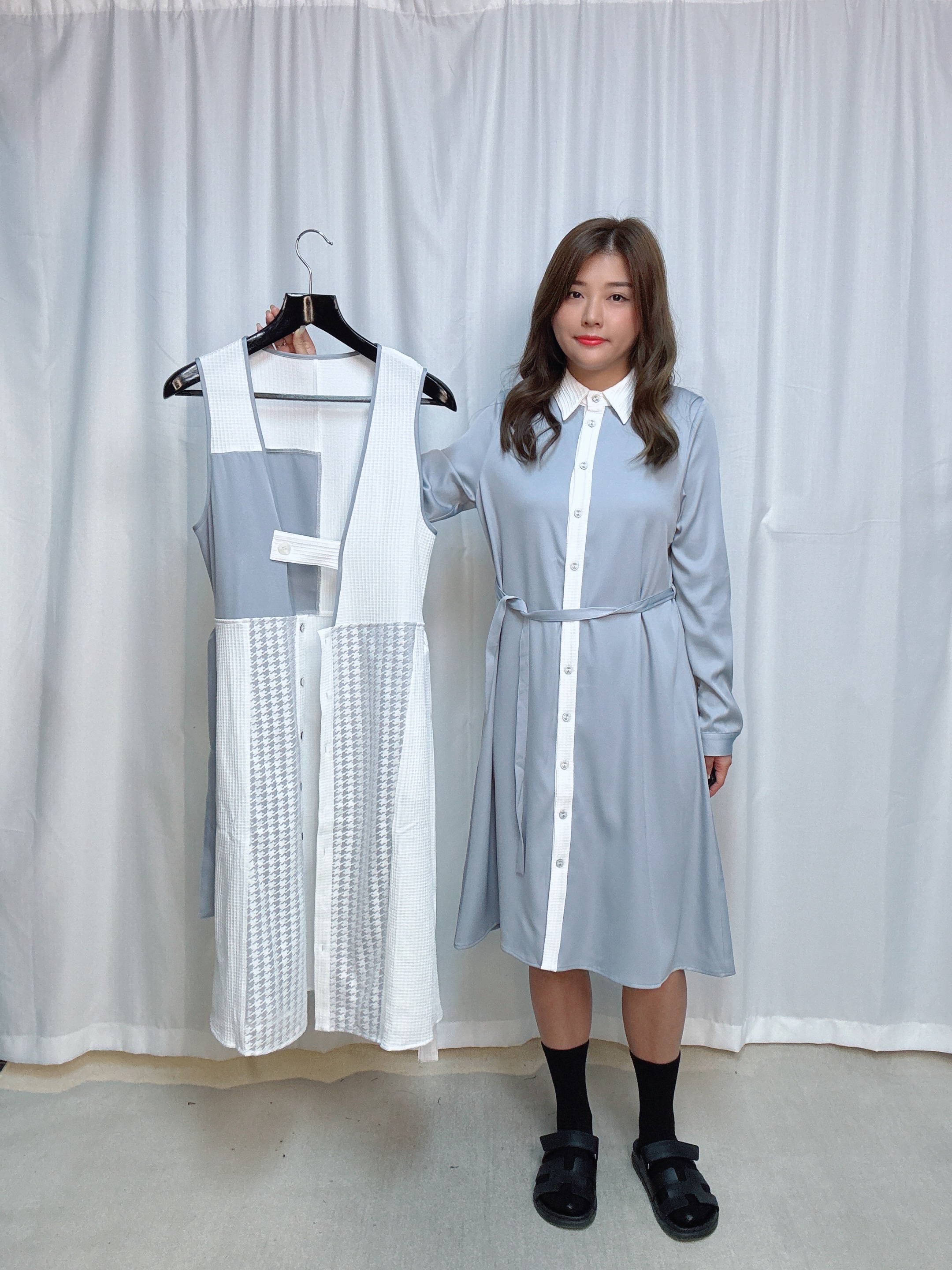 103483 BS444 自家系列 千鳥格網拼提花格紋梳織背心外套 +提花格紋梳織撞色長身恤衫裙套裝