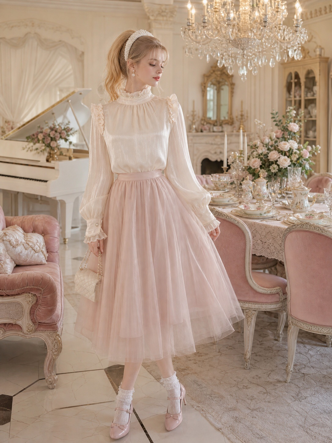 維多利亞輕甜公主綴珍珠襯衫 Victorian Sweet Princess Pearl-Embellished Blouse