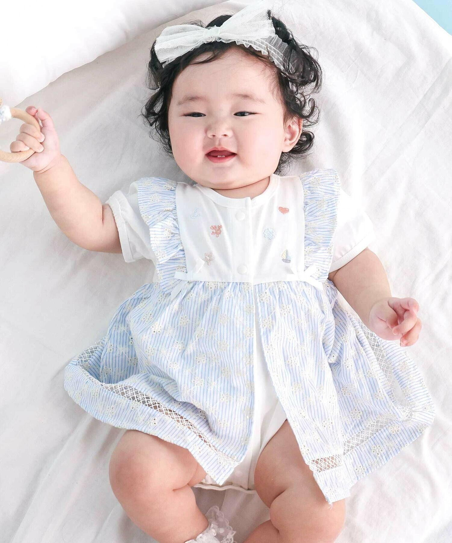 🇯🇵預訂 日本直送🇯🇵Slap Slip Baby兩色海洋風刺繡荷葉邊吊帶短袖包屁裙