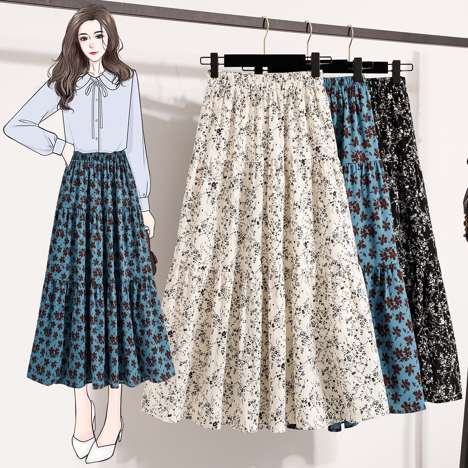 B201(5977) 法式复古松紧腰碎花拼接层层A字3色长裙