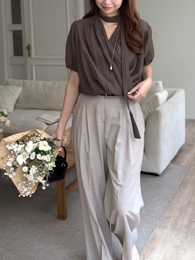 Louise Wrap Blouse with Tie (Brown)