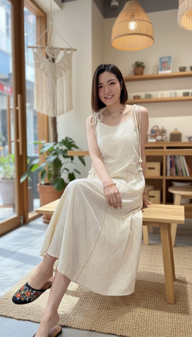 2514 Beige Muji Style A-line Cut Herbal Press Ball Ball OP