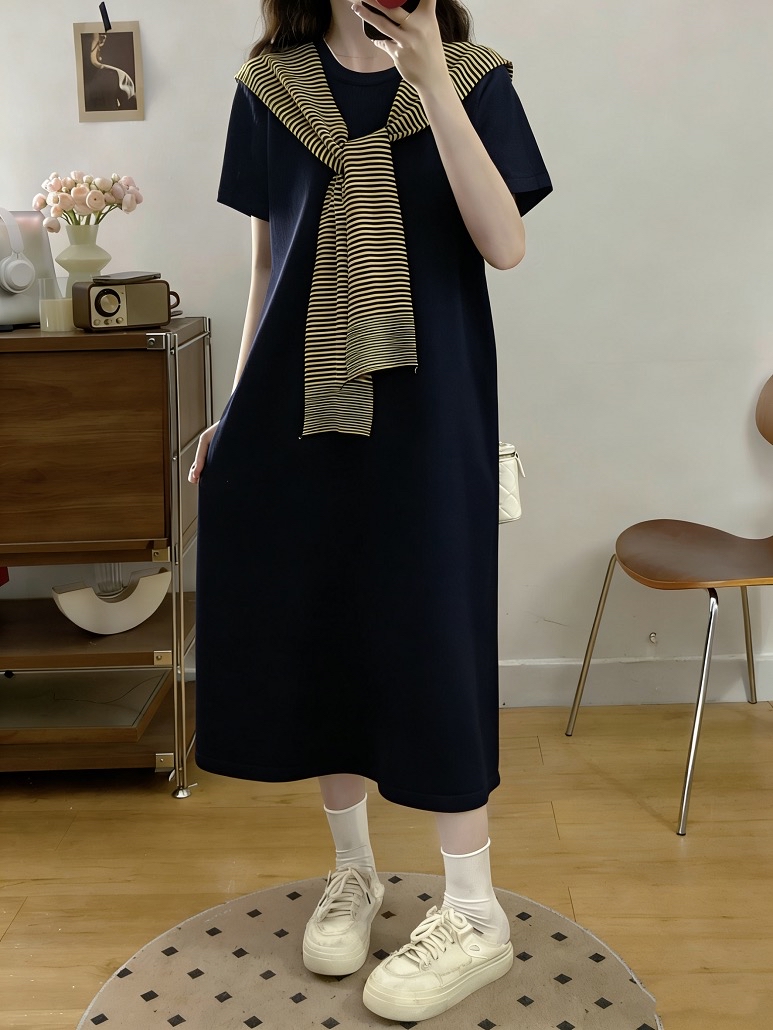 B219(6708) 韩版气质拼接蓝黄横纹披肩蓝针织连身裙