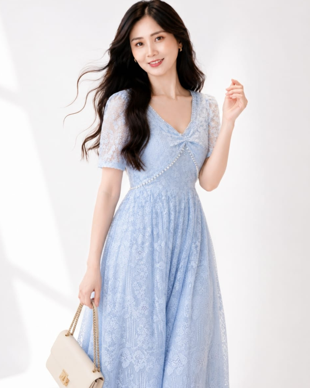 5131 Seraphina Pearl + Lace 3 Colour Panelled Midi Dress